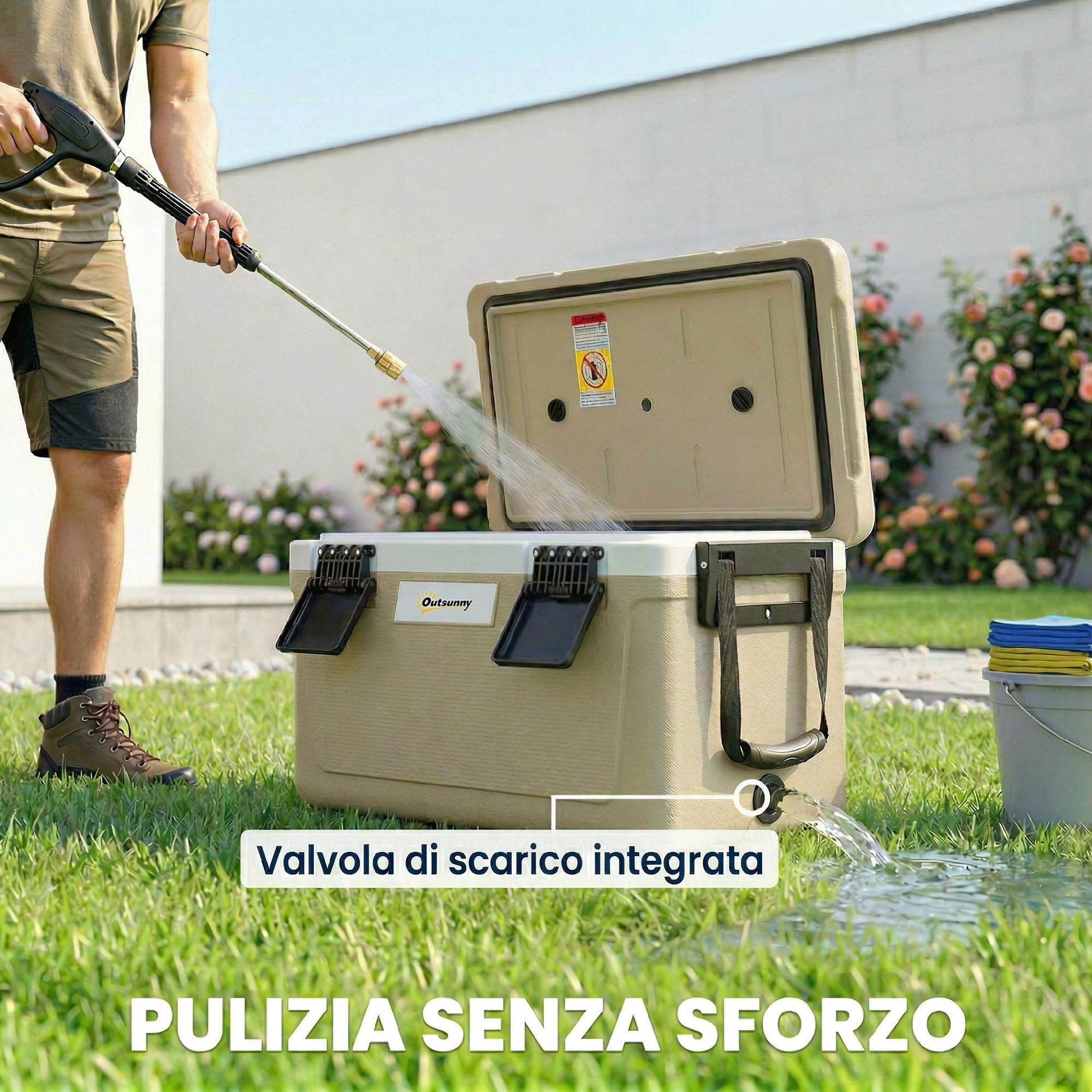 Outsunny Cooler Box 42.6L, Frigo Isotermica, Leggera e Portatile con Maniglia, Coperchio e Valvola di Scarico, Mantiene Cibo e Bevande Caldi o Freddi, Ideale per Campeggio e Picnic, Cachi