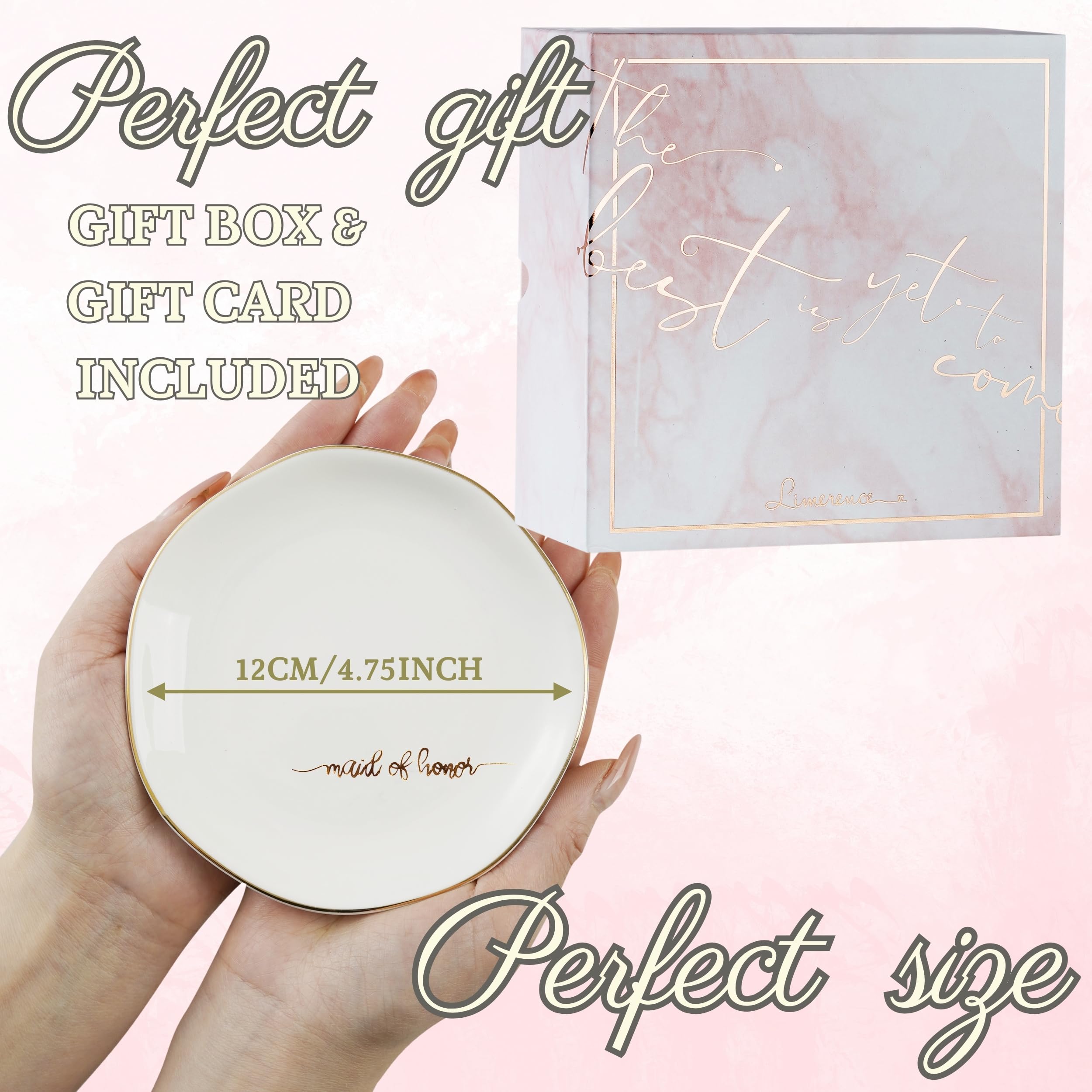 InnoBeta Bridesmaid Gifts for Women, Maid of Honor Gifts for Women Ceramic Jewelry Tray, Decorative Trinket Dish for Rings Earrings Necklaces for Women, 4.75", White Surface Gold