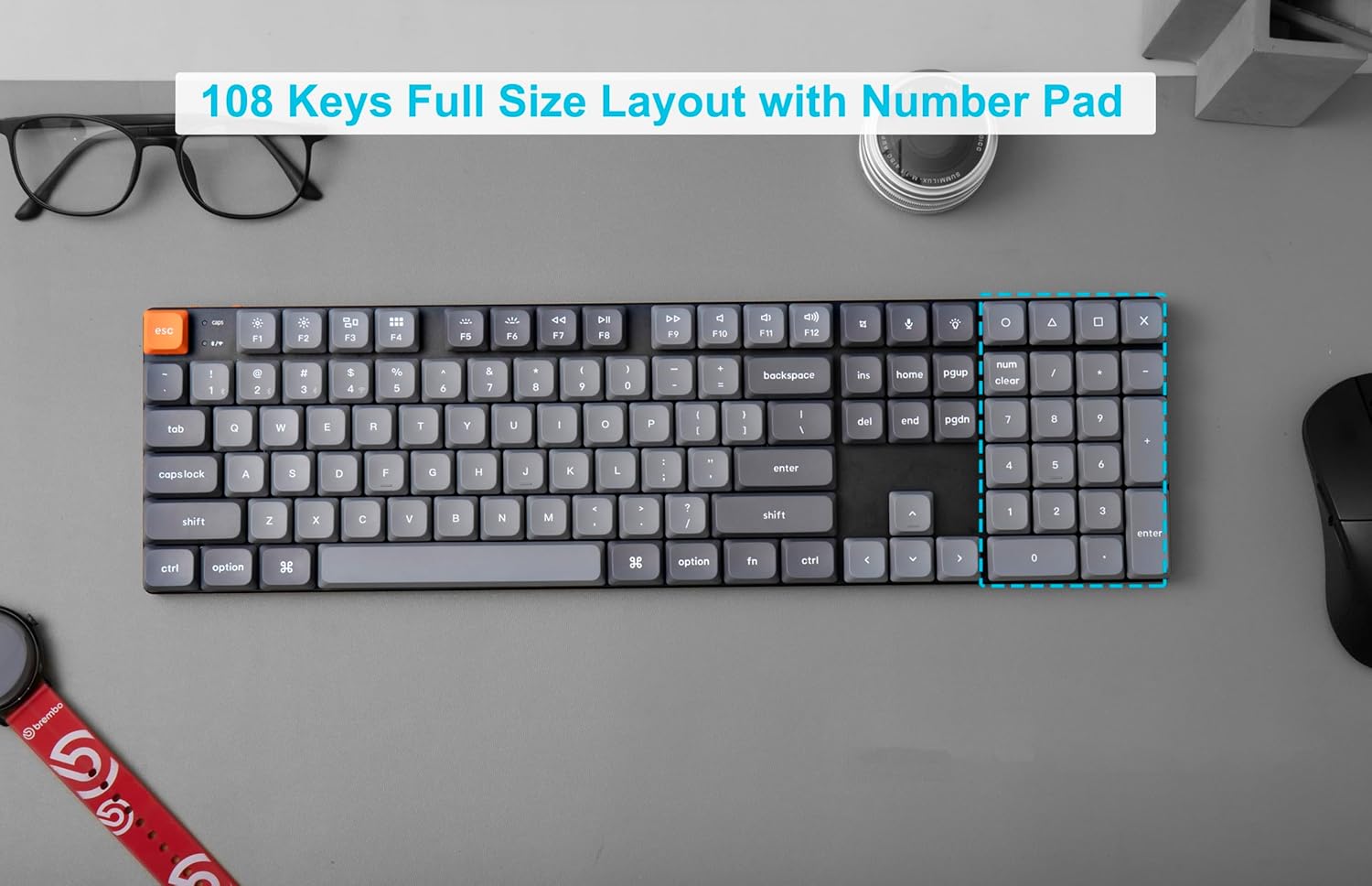 Keychron K5 Max keyboard highlighting the 108-key full-size layout with number pad.