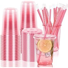 25 Set 16 oz Disposable Round Bottom Pink Plastic Cups with Lids and Straws | BPA-Free, PET, Clear Plastic Iced Coffee Cups with Lids, Pink Party Cups for Coffee, Juice, Cold Drinks, Iced Latte