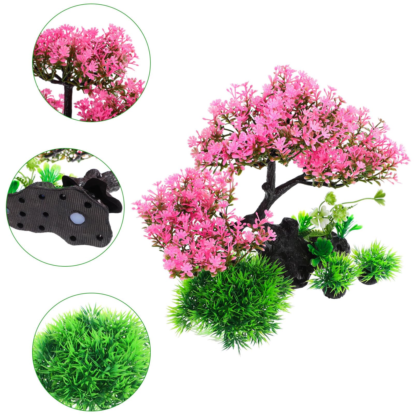 Didiseaon Set di 4 piante in plastica per acquario, fiori di ciliegio rosa artificiale