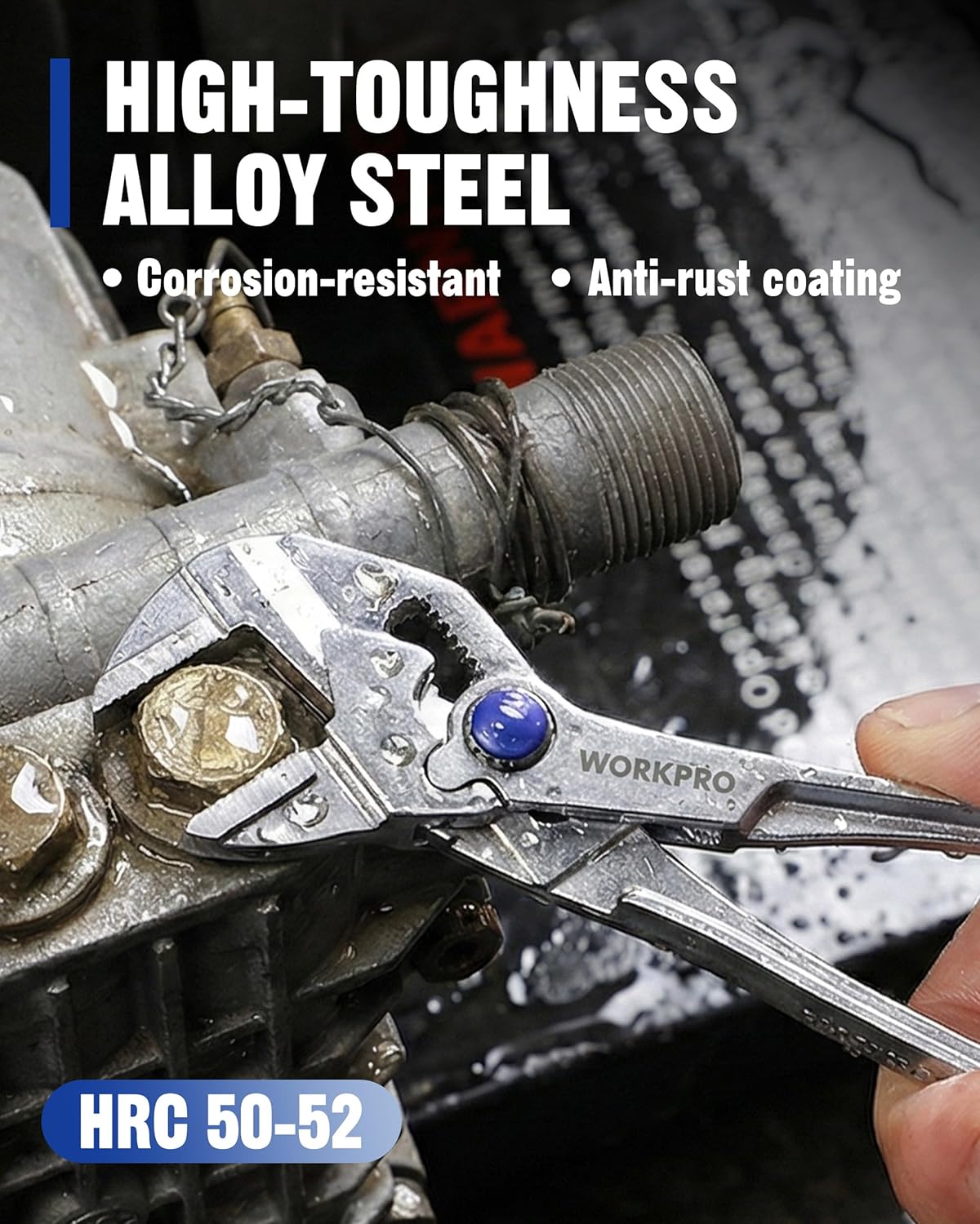 Close-up of the pliers wrench in use, highlighting its high-toughness alloy steel construction and anti-rust coating