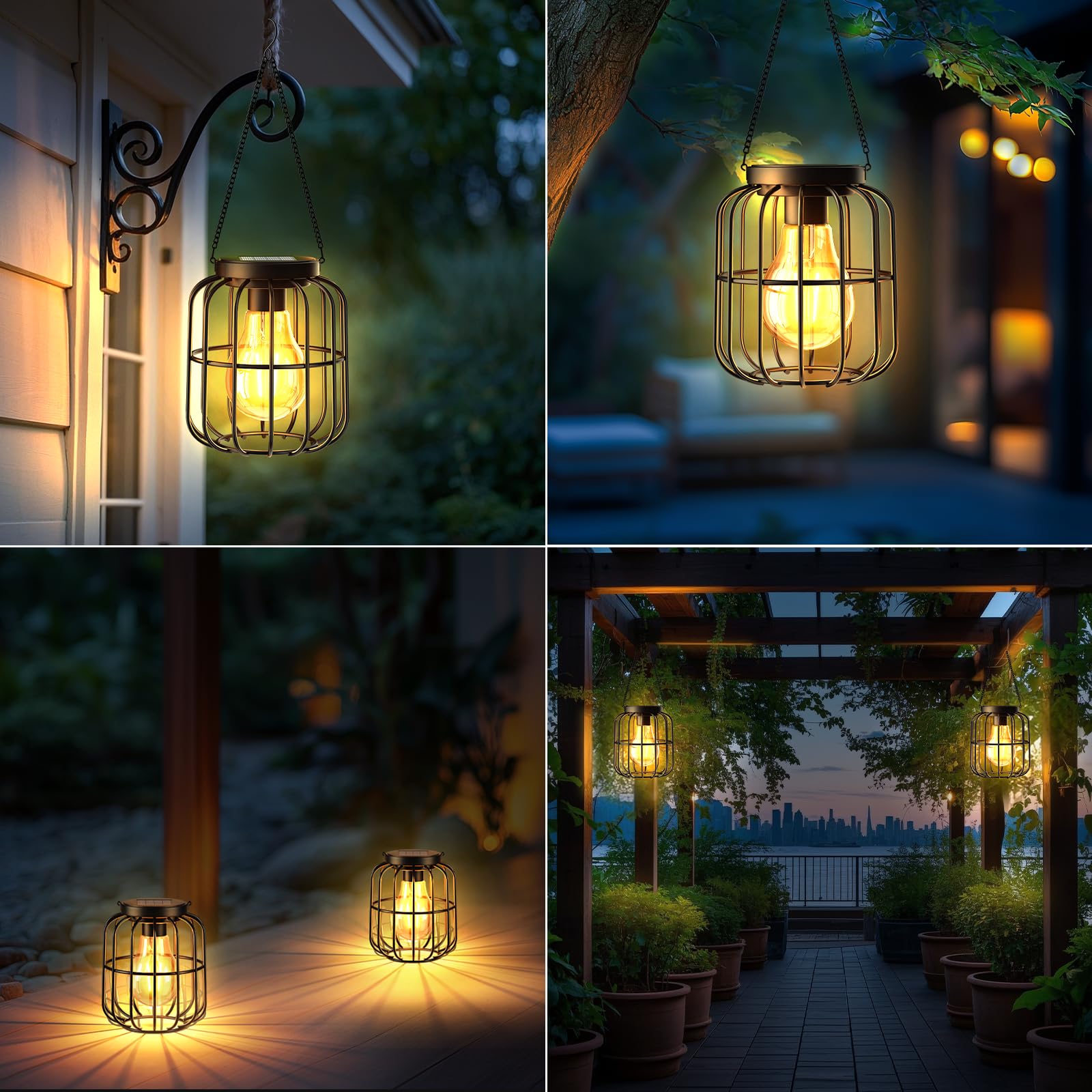 Lampade solari per esterni, 2 pezzi, IP65, impermeabili, in metallo, per esterni, balcone, decorazione, luce bianca calda, lanterna solare per giardino, terrazza, prato, cortile