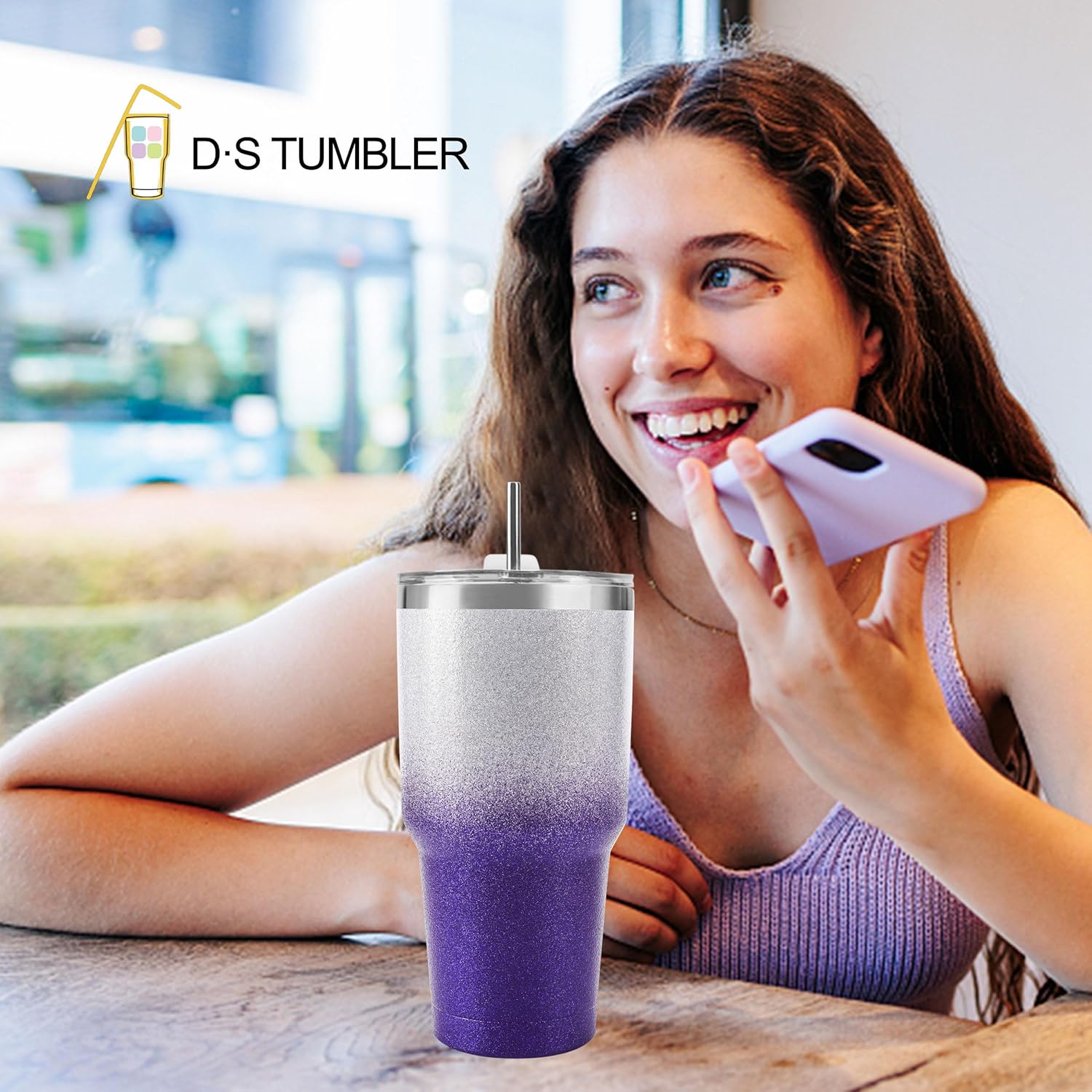 D·S 30 oz Tumbler Purple Glitter Gradient Cup Stainless Steel Double Wall Vacuum Insulated Mug with Straw and Lid, Cleaning Brush for Cold and Hot Beverages - Image 5
