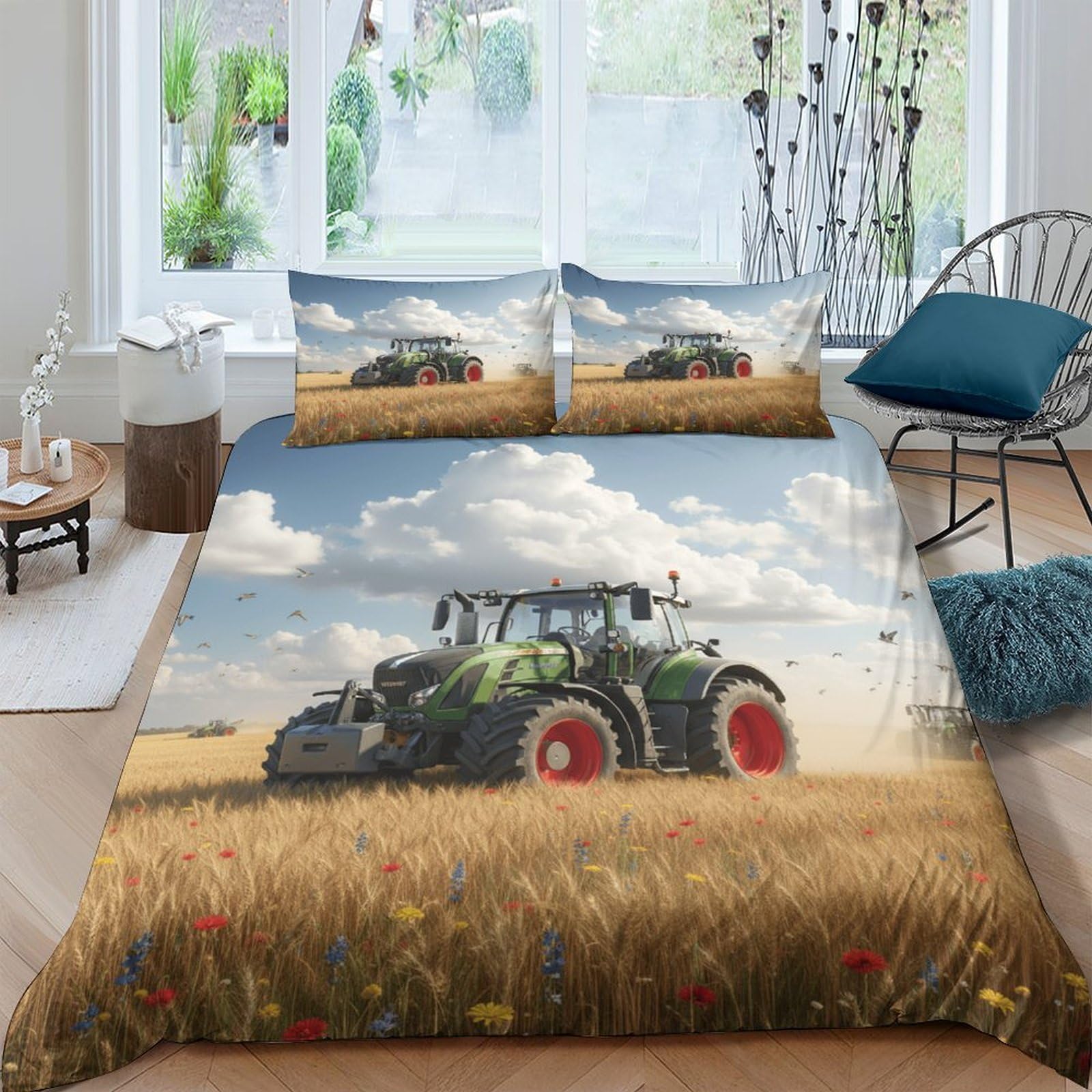 TUFRTGYHN 3D Printed Tractor Wheat Field Duvet Cover Microfiber Soft Breathable Farm Scene Bedding Set with 2 Pillowcases for Bedroom Decor Single（135x200cm）