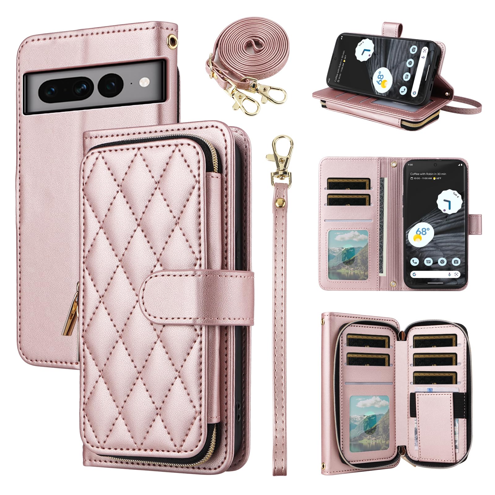 Furiet Wallet Case for Google Pixel 7 Pro 5G with Wrist Strap, Crossbody Shoulder Strap, Luxury PU Leather Stand Cell Phone Cover with 9+ Card Slots