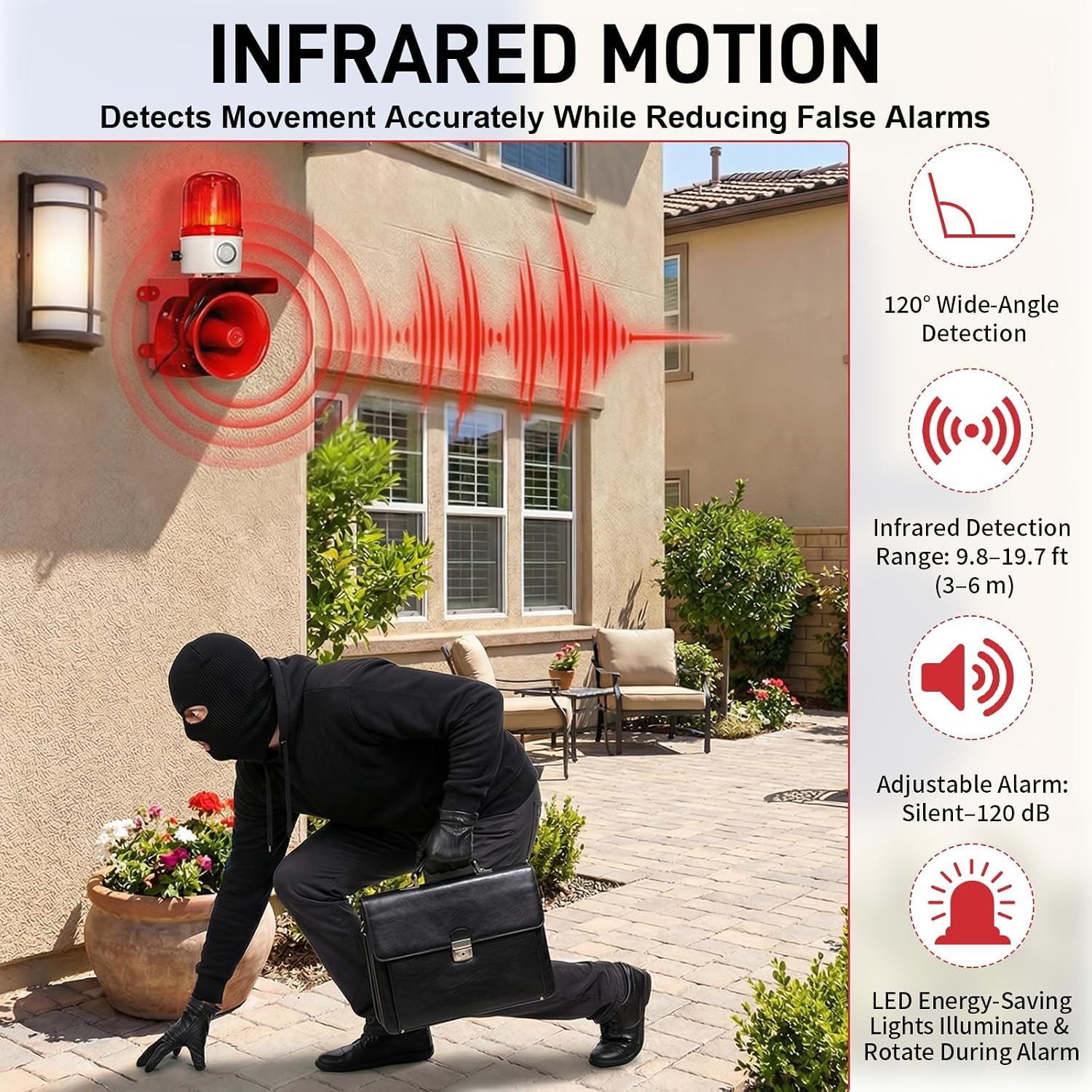 Détecteur de mouvement réglable 120 dB avec détection humaine de 3 à 6 m