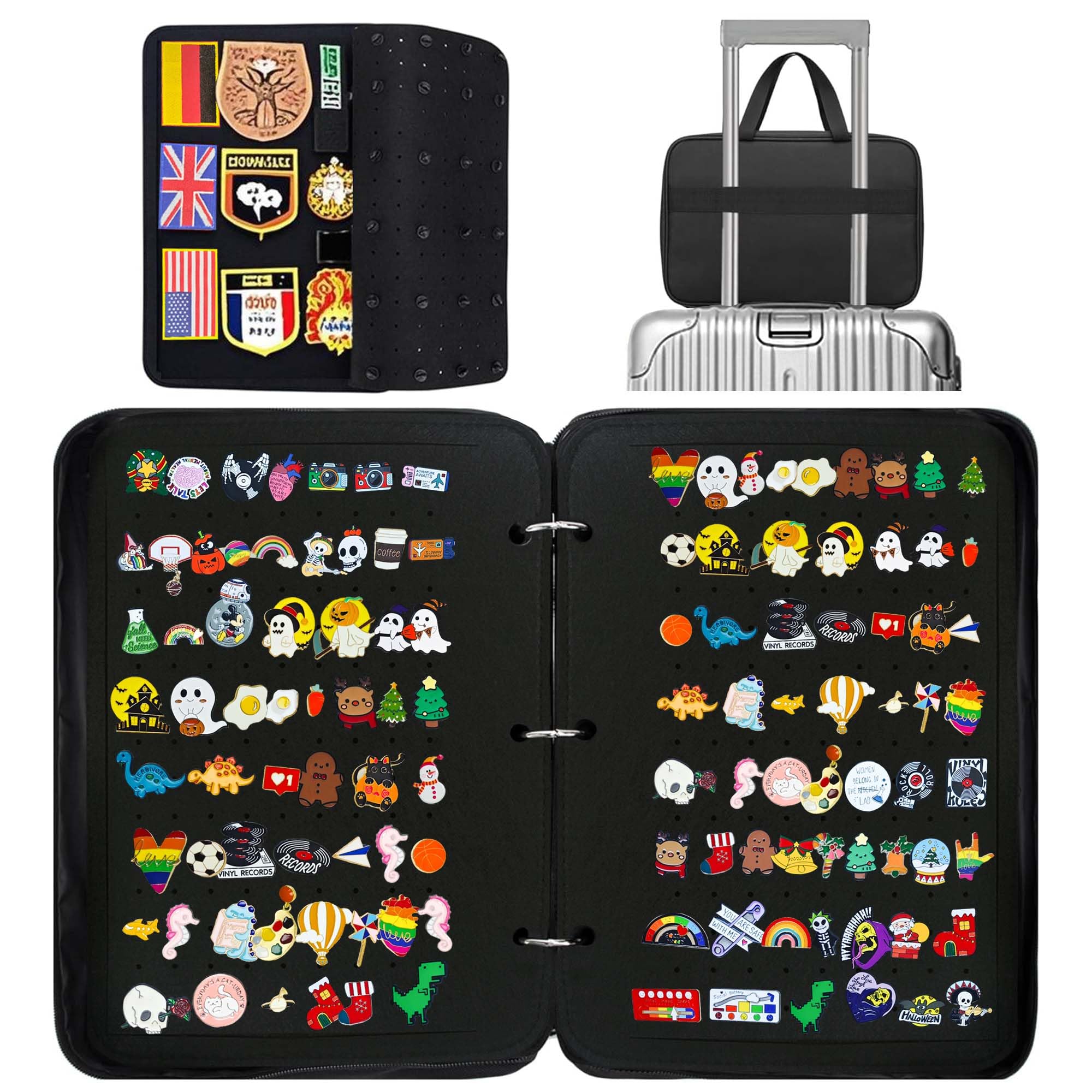 Mi Ya Mi Lai Raccoglitore a 3 anelli, formato XL, per collezionisti, con pagine in feltro su entrambi i lati, contiene oltre 300 spilli e 50 patch, organizer staccabile (nero)