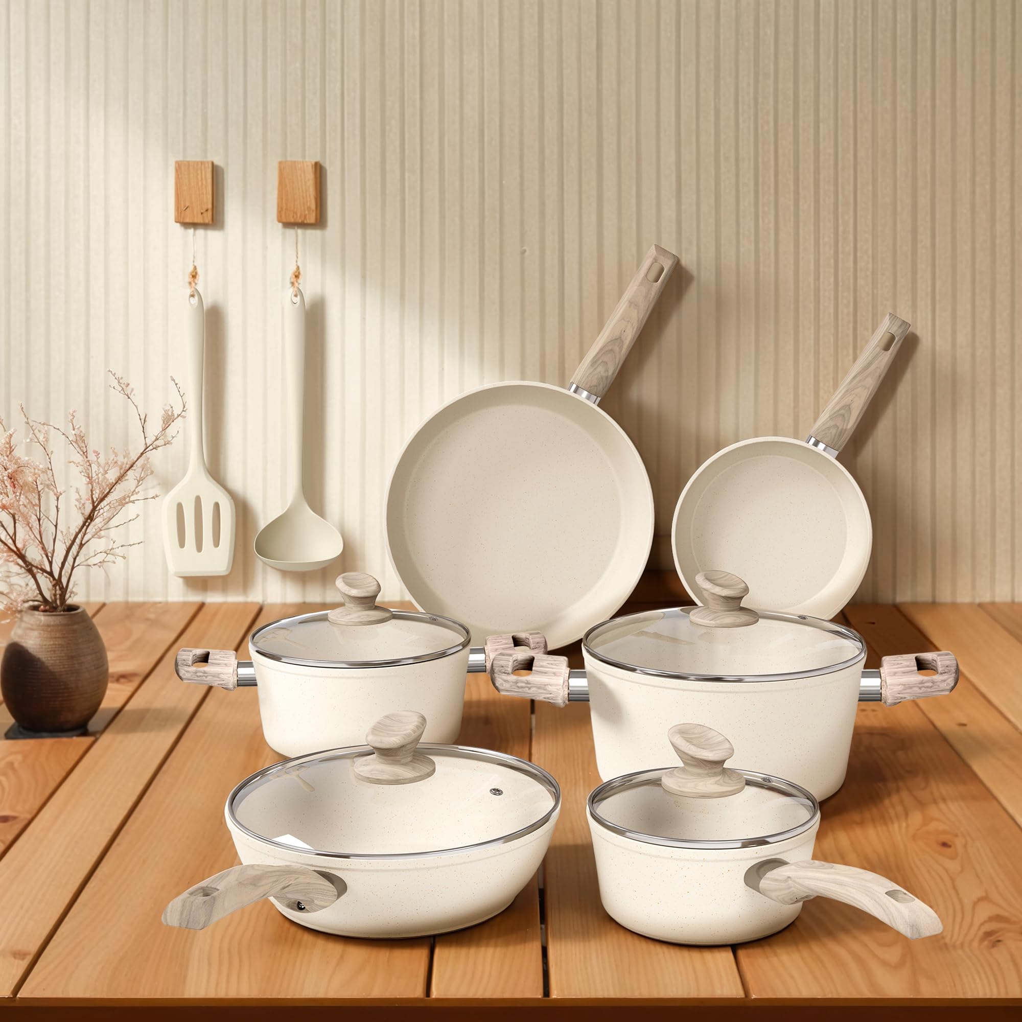 DishDelight Topfset Pfannenset Induktion Töpfe Set 12-teilige Granit-Antihaftbeschichtung Kochtopf Topf Pfannen für Induktionsherd Bratpfanne mit Glasdeckeln