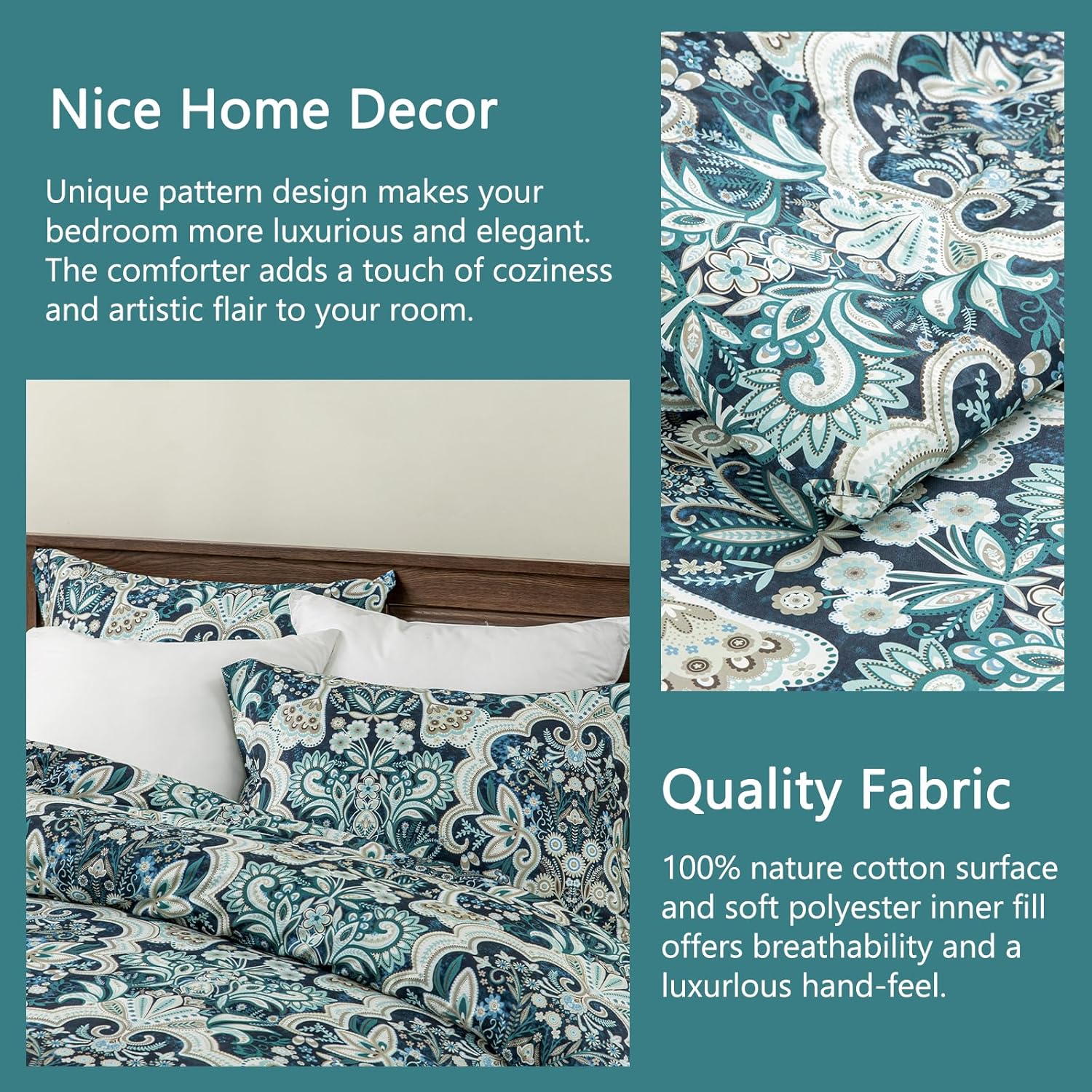 Finlonte Damask Queen Comforter Set, 100% Cotton Paisley Floral Bedding Set, Luxury Ethnic Queen Size Comforter, Fluffy Lightweight Soft Quilted Comforter All Season, Navy Blue/Taupe - Image 7