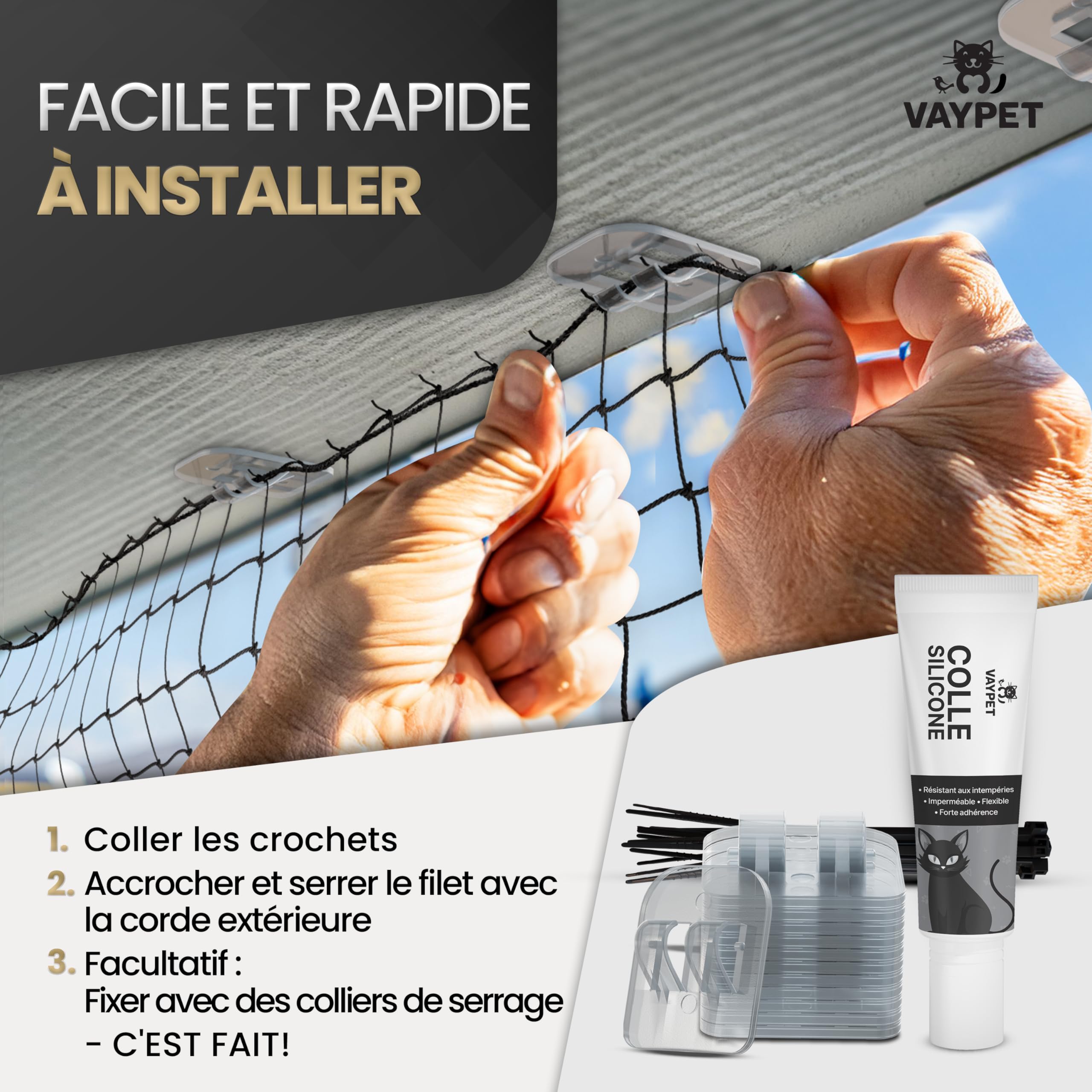 VAYPET® Filet Chat Balcon sans Perçage [4x3m] - Filet Balcon renforcé | Crochets + Colle inclus | Filet résistant aux intempéries | Filet Protection Chat pour Balcon, Fenêtre, Terrasse