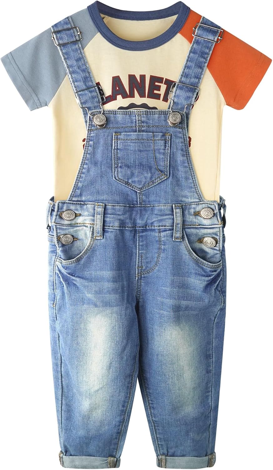 Toddler Little Big Boys 2 Piece Outfits, Graphic Dinosaur Bear Planet Puppy Printed Cotton T-shirt Denim Overalls
