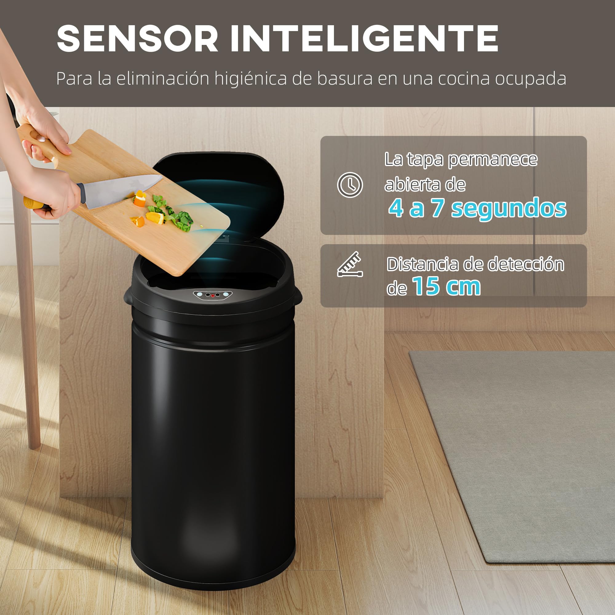 HOMCOM Cubo de Basura Cocina Automático 30 L, Sensor Infrarrojo, Negro | Papelera de Cocina de Acero Inoxidable, Cierre Automático, Antihuellas, para Dormitorio, Oficina