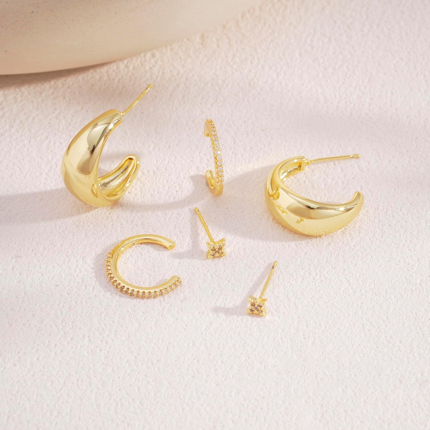 3 Pairs Gold Earrings for Women Trendy, 14K Gold Plated Hypoallergenic Chunky Cartilage Hoop Earring Set Dainty CZ Stud Earring Huggie Stacks Fashion Accessories Jewelry Valentines Day Gifts for Her - Image 6