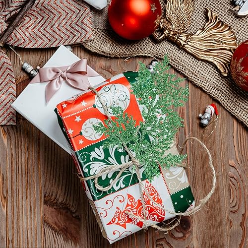 Miniatura 46 de FOIMAS 24 agujas de pino artificiales con purpurina, ramas florales de Navidad, ramas falsas de ramitas florales, aerosoles para coronas de árbol