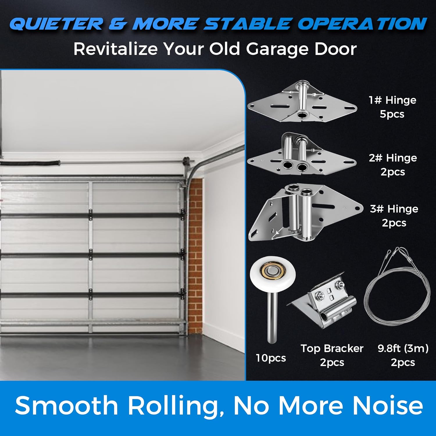 2026 Upgraded Garage Door Hardware Kit - 10 Nylon Rollers, 15 Hinges, 2 Top Brackets, 2 x 118 Wire Ropes | Fits 16'x7' and 18'x7' Height Double By Romalon