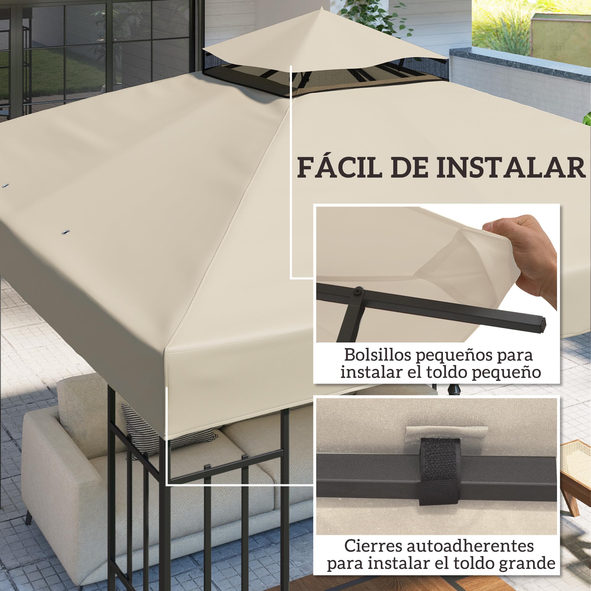Outsunny Techo de Repuesto para Cenador 3x3 m Techo Doble Crema | Cubierta de Repuesto, Orificios de Drenaje, Protección UPF30+, SOLO Toldo de Recambio para Pabellón Gazebo