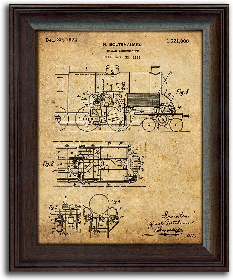 2 pc Framed Modern Patent Set - Steam Engine, Plane 14"x17" each