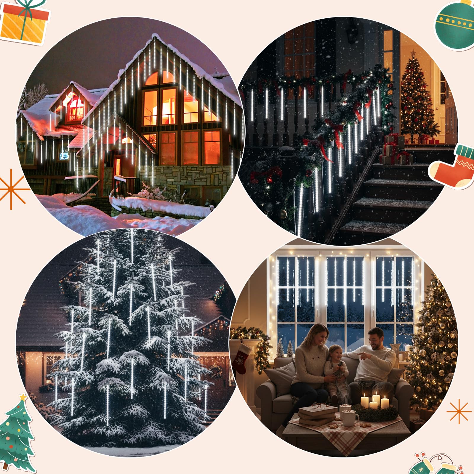 Guirlande Lumineuse Exterieure Noel, 24 Tubes Lumières de Pluie de Météores, 30 cm 576 LED, Étanche IP65, éclairage de Noël pour Balcon, Avant-Toit, Toit, Blanc (3 Jeux de 8 Tubes)
