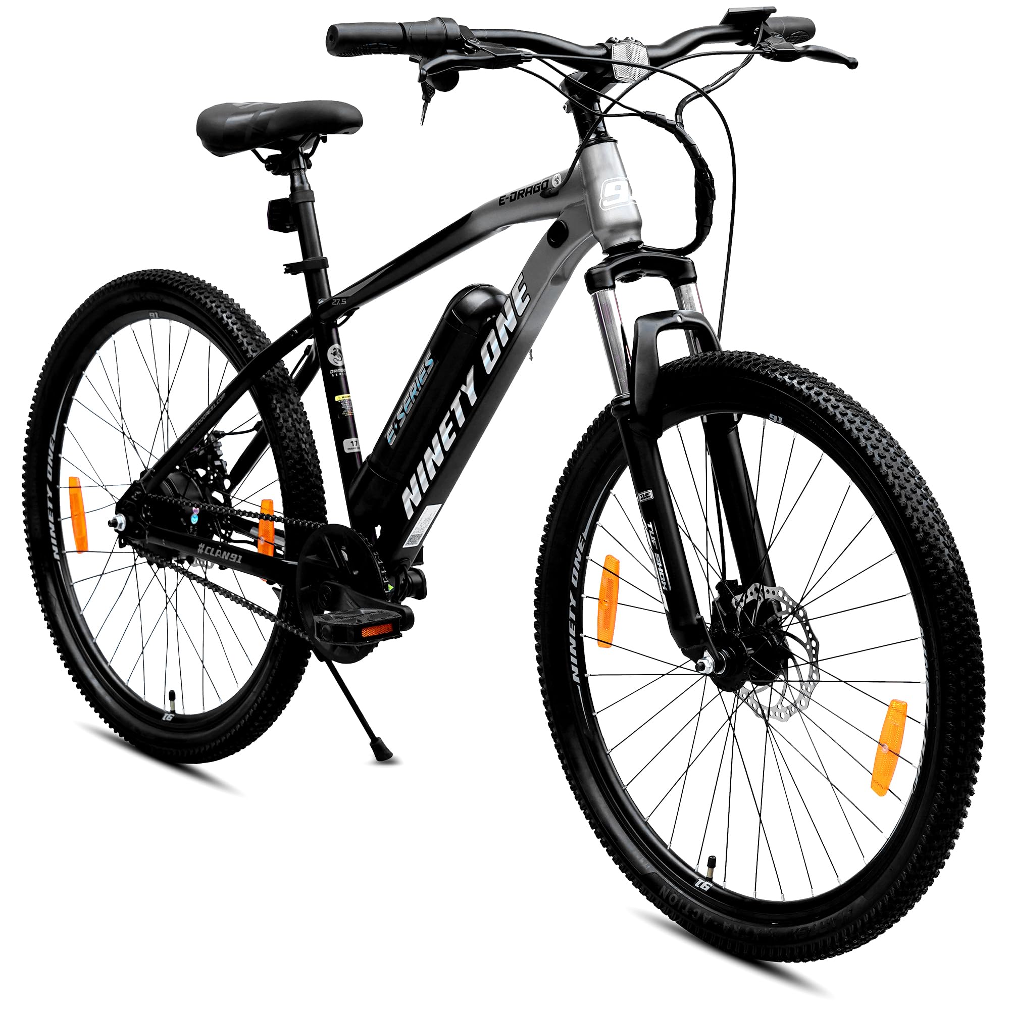 NINETY ONE E-Drago | Electric Cycle | 7.8Ah Battery |27.5 T | Front Suspension 80mm | ‎250Watts | IP65 BLDC Motor | 85% pre-Assembled | 2 Years Battery Warranty | Black Grey