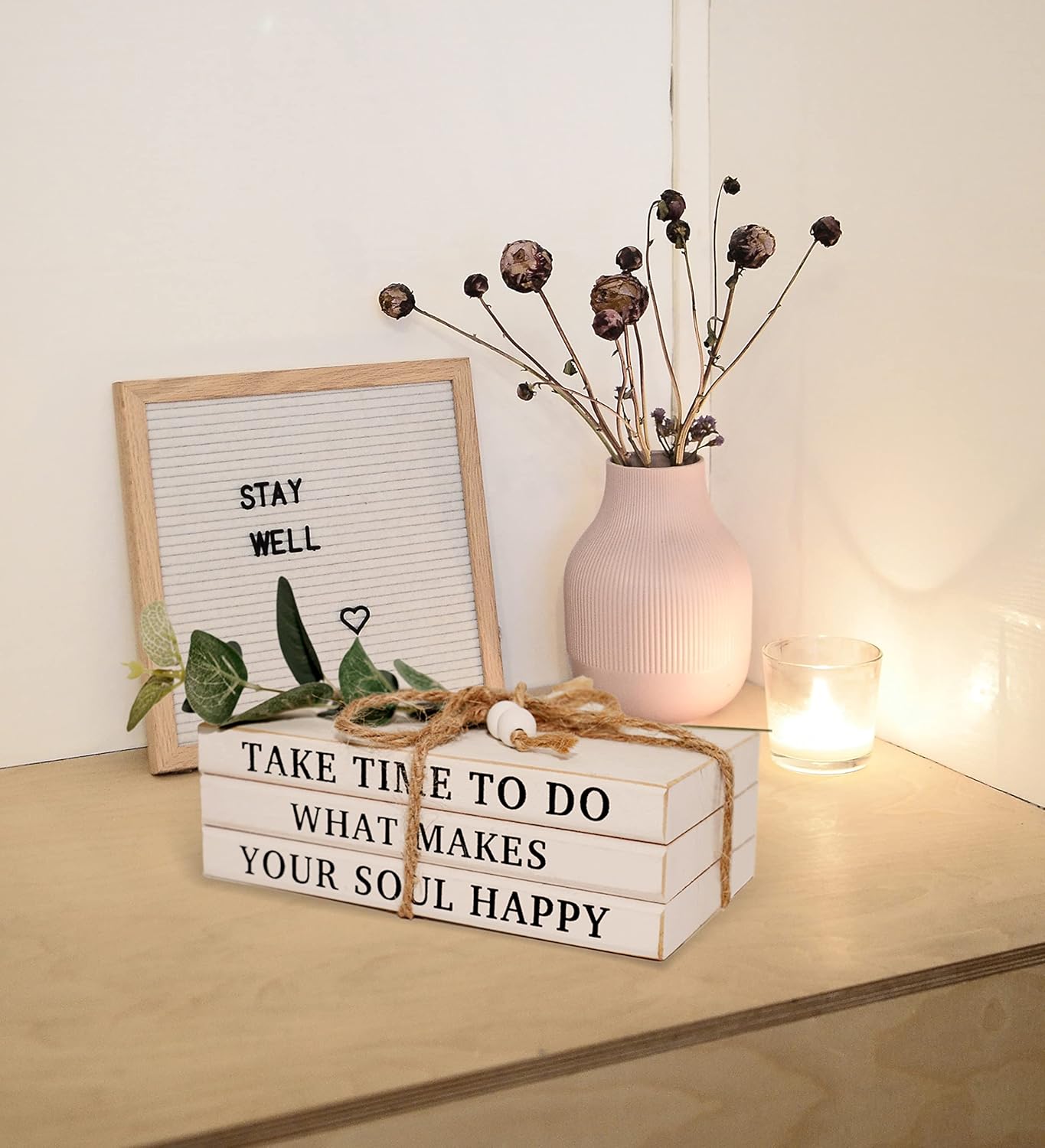 3 Pieces Wooden Decorative White Books, Rustic Farmhouse Faux Books for Coffee Table Shelves with Wood Bead Tassels and Leaves, 7'x 4.6'x 2.5' (Take Time to Do, What Makes, Your Soul Happy)