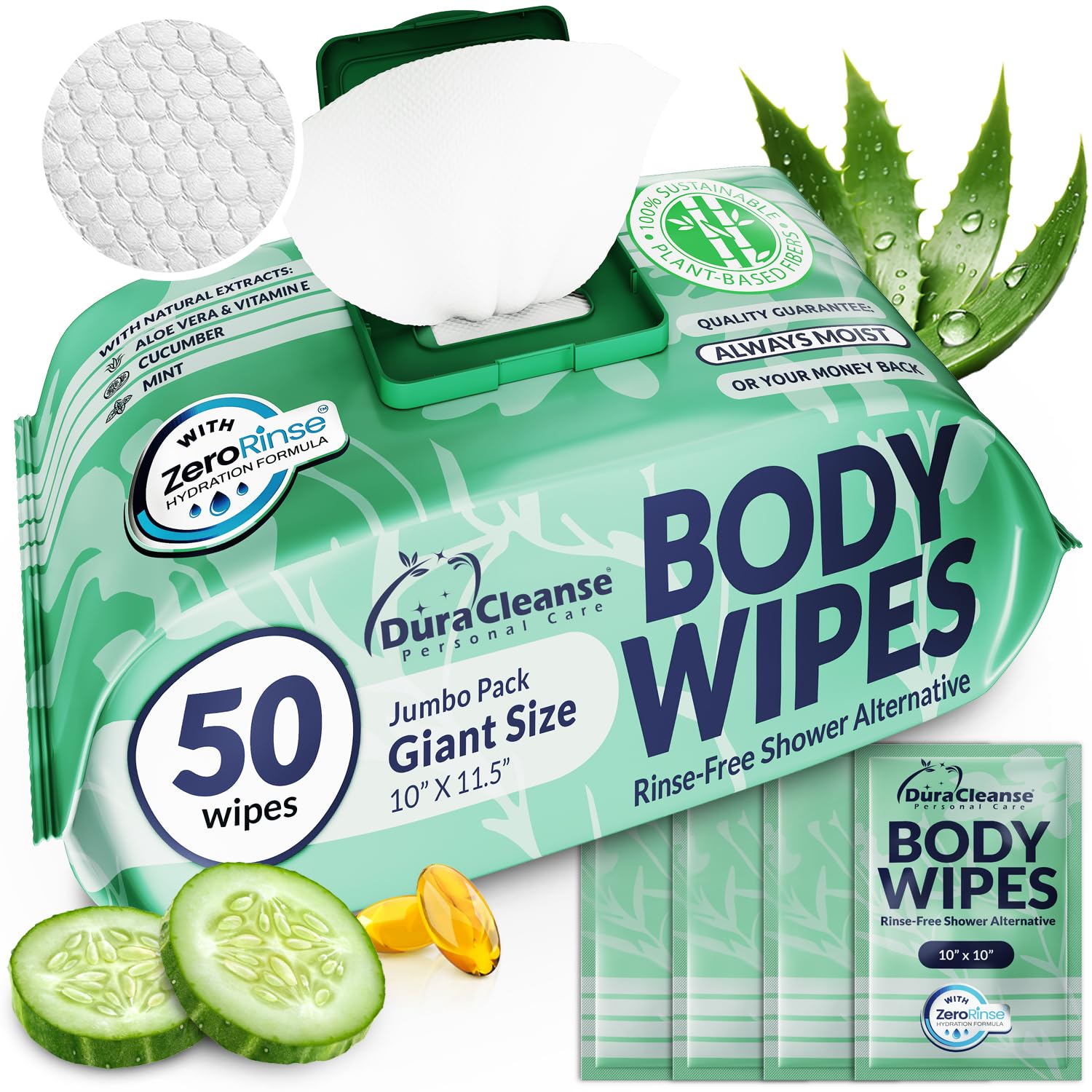 Body Wipes for Women Extra Moist No Rinse Bathing Wipes-50 XL Shower Cloths 4 Travel Size Bath Sheets