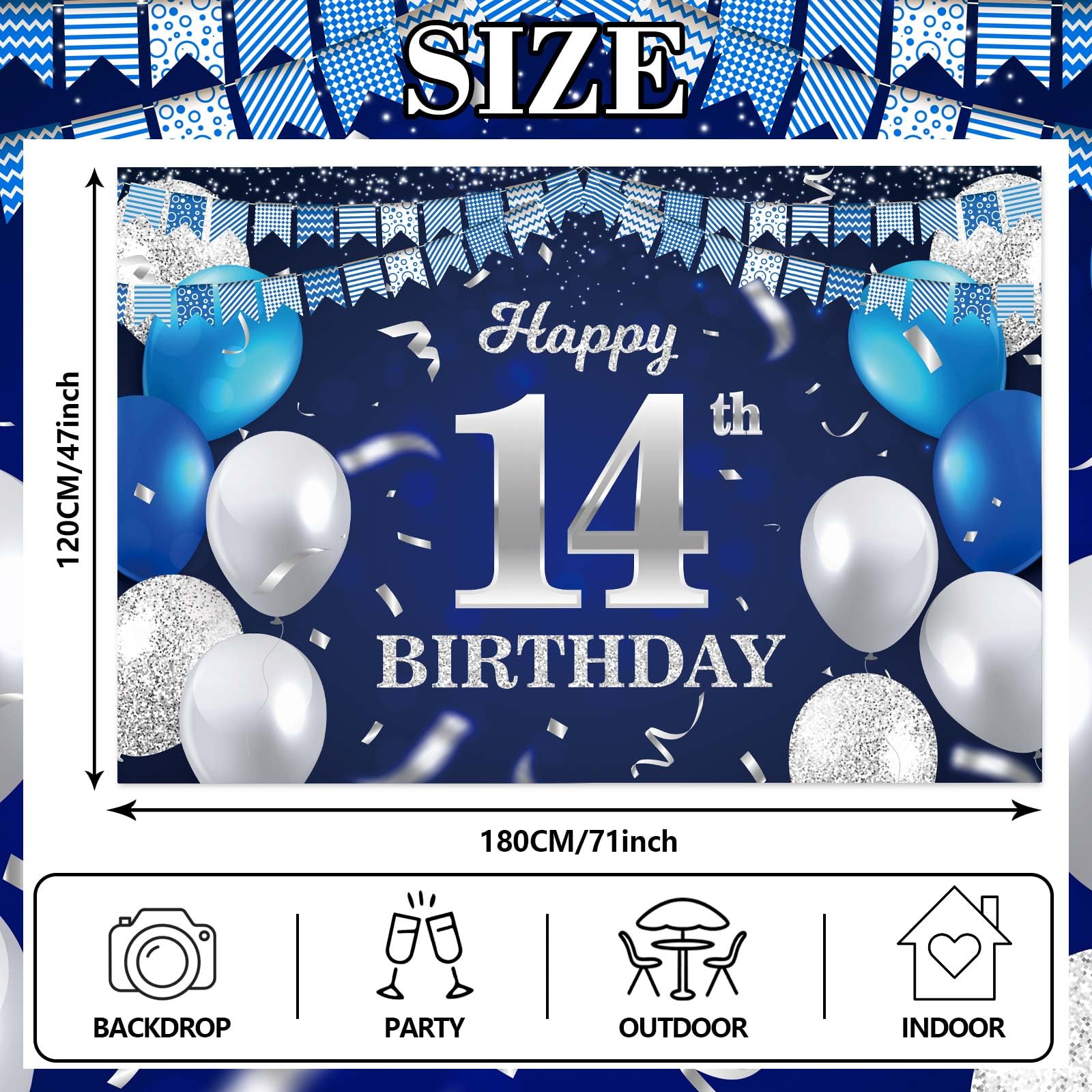 Nelbiirth Happy 14th Birthday Decorations - Blue & Silver Balloon Banner Backdrop For Party Supplies