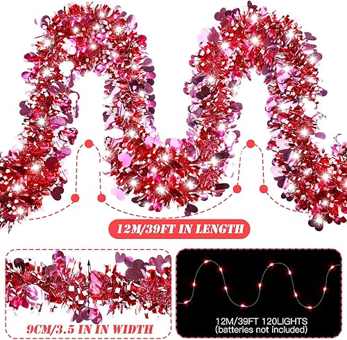 Miniatura 2 de Guirnalda de oropel para el día de San Valentín de 39.4 pies con 120 luces LED, decoración colgante brillante en forma de corazón, guirnalda de