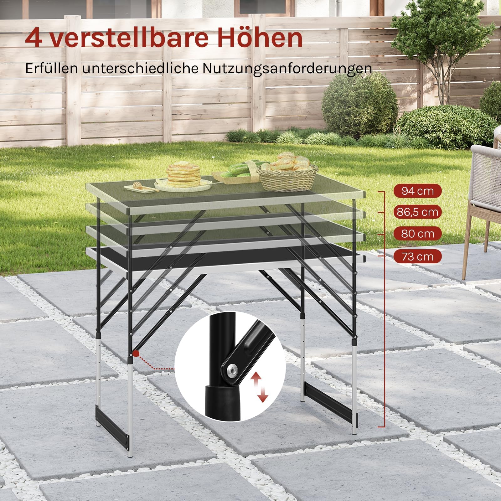 WOLTU Klapptisch 100x60cm, Campingtisch 4-Fach höhenverstellbar, mit Tragegriff, leicht und platzsparend, für Balkon Garten Terrasse Camping, Schwarz