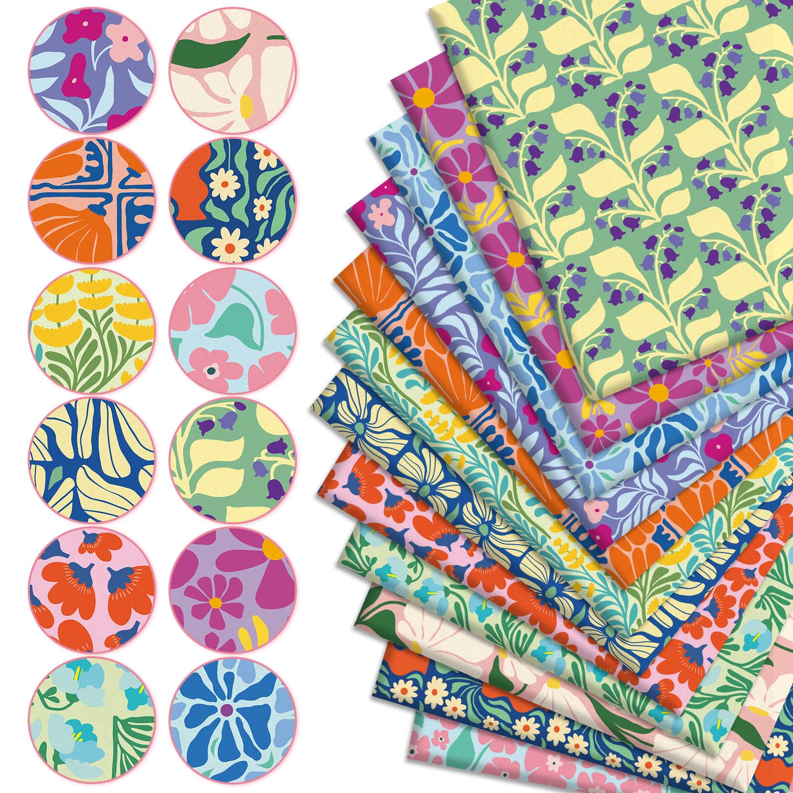 JarThenaAMCS Baumwollstoffbündel mit buntem Blumenmuster, bunt, Blumenblätter, Quilten, Patchwork für DIY, Nähen, Basteln, Dekoration, 45,7 x 55,9 cm, 12 Stück