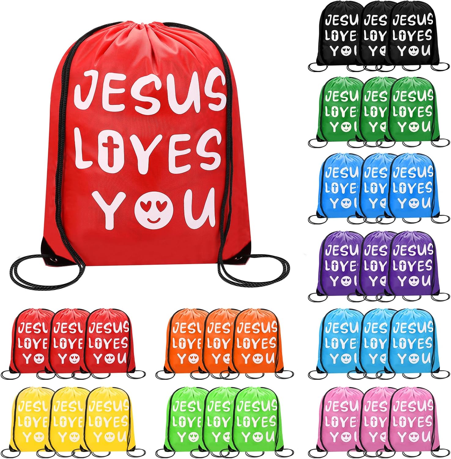 VZZNN 30 Pcs Jesus Loves You Drawstring Backpack Bulk Christian Gift Bag, Bible Drawstring Backpack Graduation Church Camp Party Favors (Multicolor)