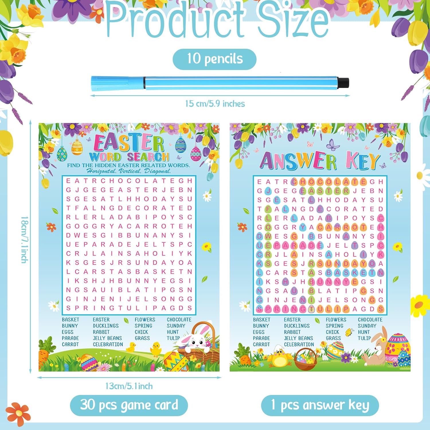 Skyygemm Easter Word Search Board Games with 10 Watercolor Pens and Answer Key 30 Players Holiday Easter Board Games for Adults Educational Activities School Party Groups Classroom