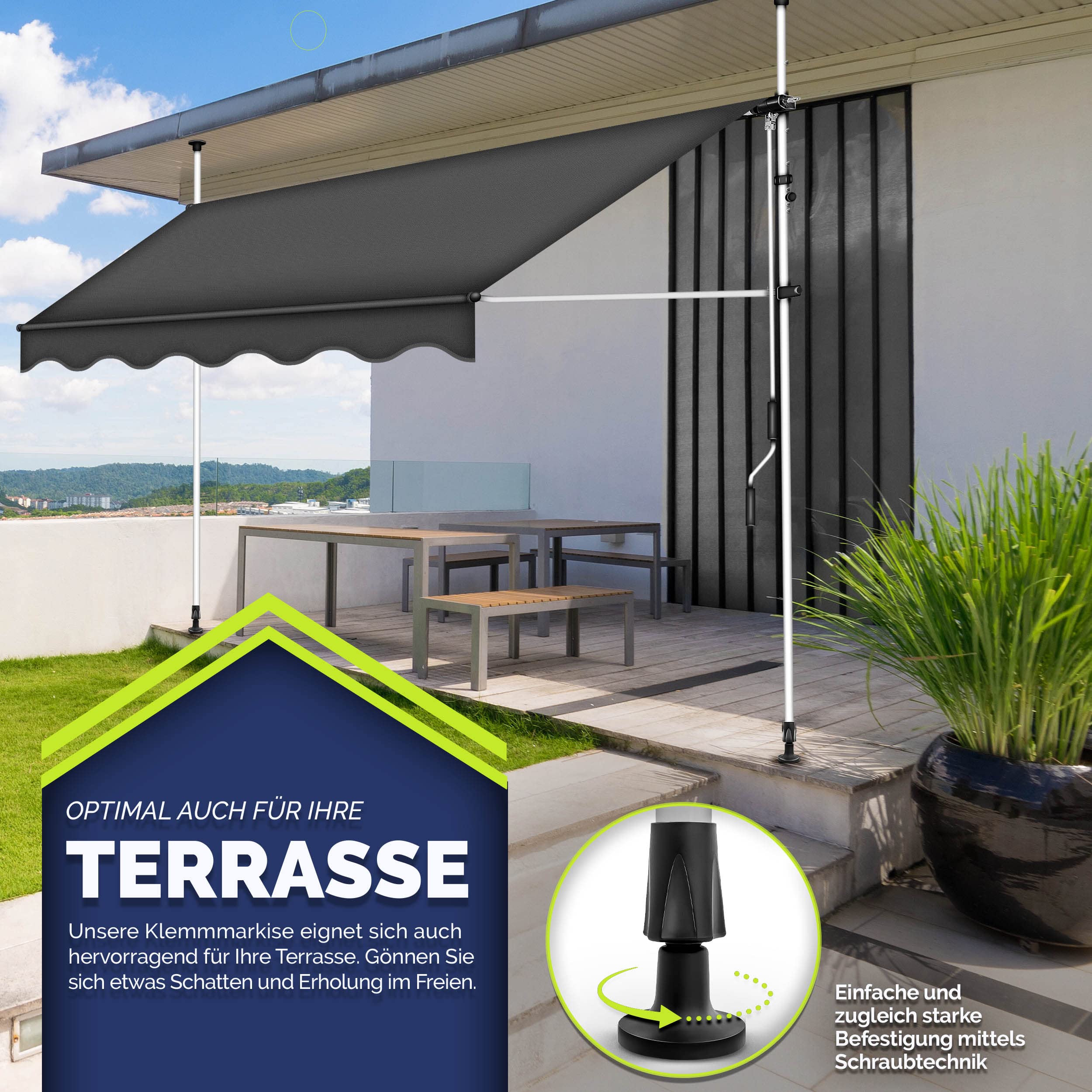 tillvex Klemmmarkise 400cm breit mit Handkurbel | Balkonmarkise ohne Bohren | Markise Balkon UV-beständig, wasserdicht & höhenverstellbar