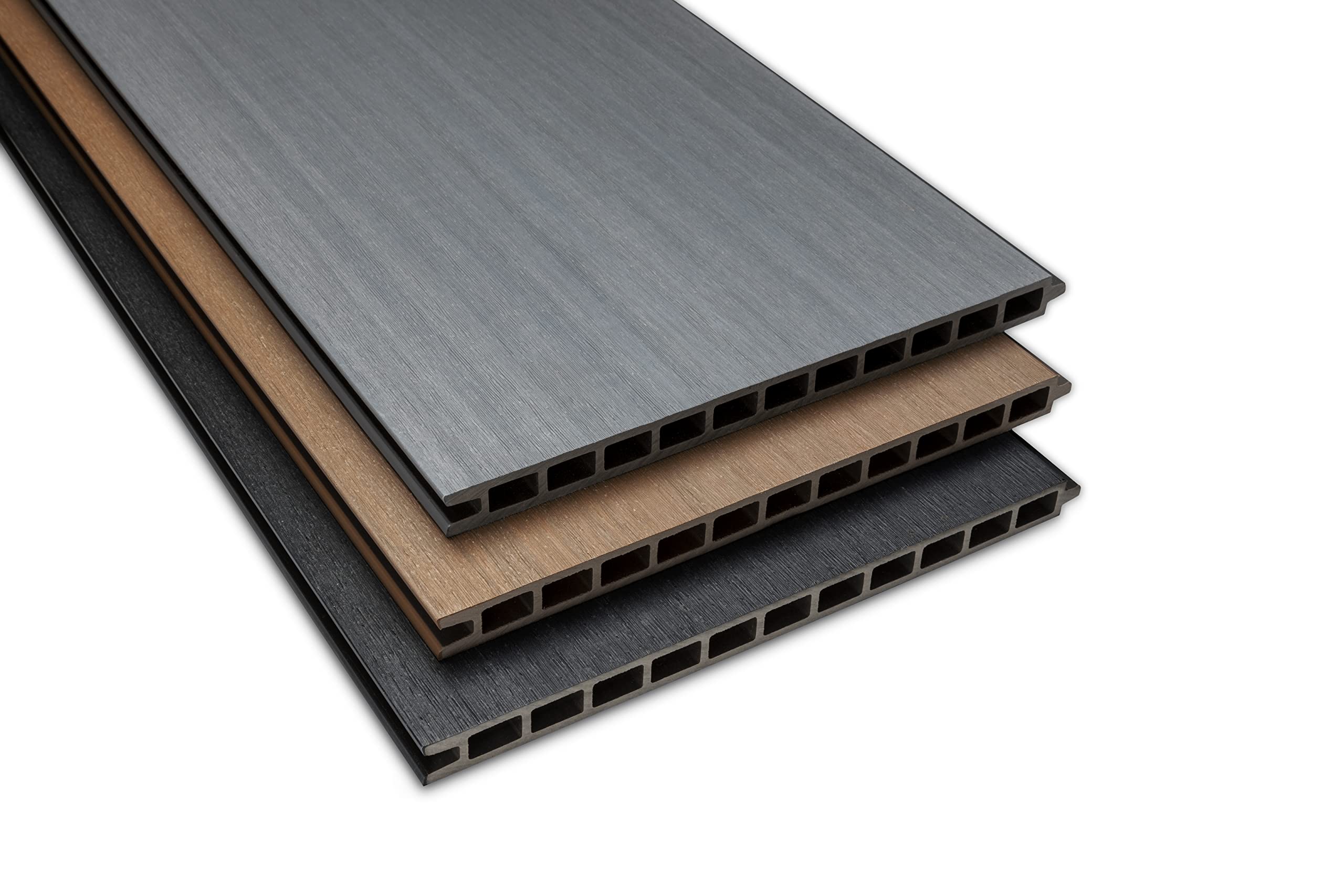 WPC Sichtschutzzaun Co-Extruded Gartenzaun Komplettset XL Dielen mit Alu-Pfosten & Eckpfosten | Teak | Windschutz + Sichtschutz | Steckzaun