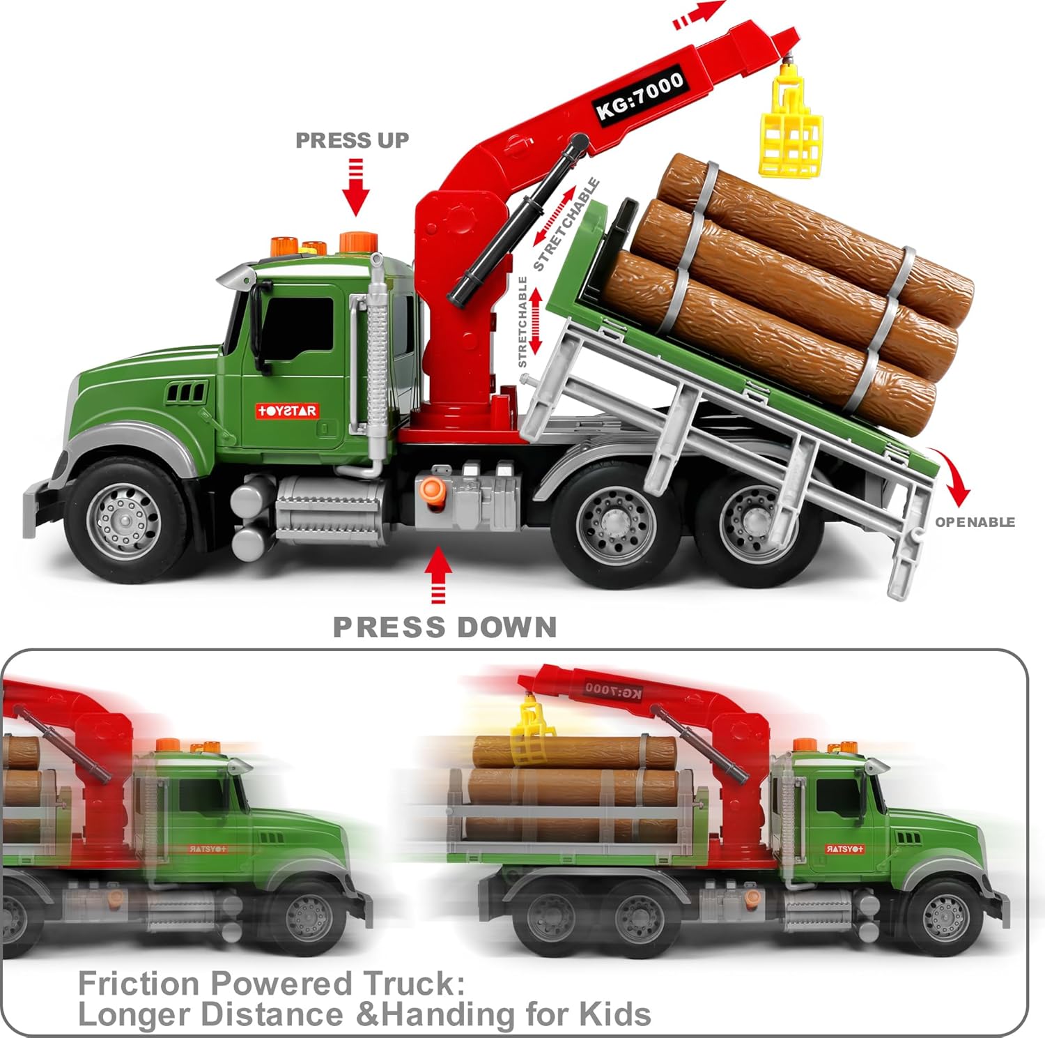 Dwi Dowellin Kids Toys for 3 4 5 6 7 Years Old Boys,15 Large Timber Truck with Loading Crane and 6 Trunks,Birthday Gifts for Boy Toddler Child