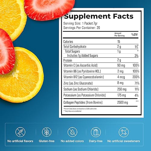 Miniatura 7 de Sunkist Hydration & Collagen Mezcla de electrolitos de limón y fresa en polvo (20 barras), con péptidos de colágeno, vitamina C y zinc, solo tienes