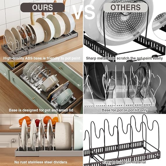 Magheo 2 Pack Pots and Pans Organiser for Cupboard, 57CM Expandable Pan Lid Holder with 9 Adjustable Dividers, Kitchen Pot and Pan Lid Storage Rack Inside Cabinet/Countertop Cupboard Organisers(Grey)