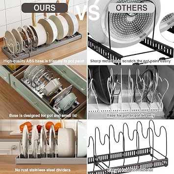 Magheo 2 Pack Pots and Pans Organiser for Cupboard, 57CM Expandable Pan Lid Holder with 9 Adjustable Dividers, Kitchen Pot and Pan Lid Storage Rack Inside Cabinet/Countertop Cupboard Organisers(Grey)