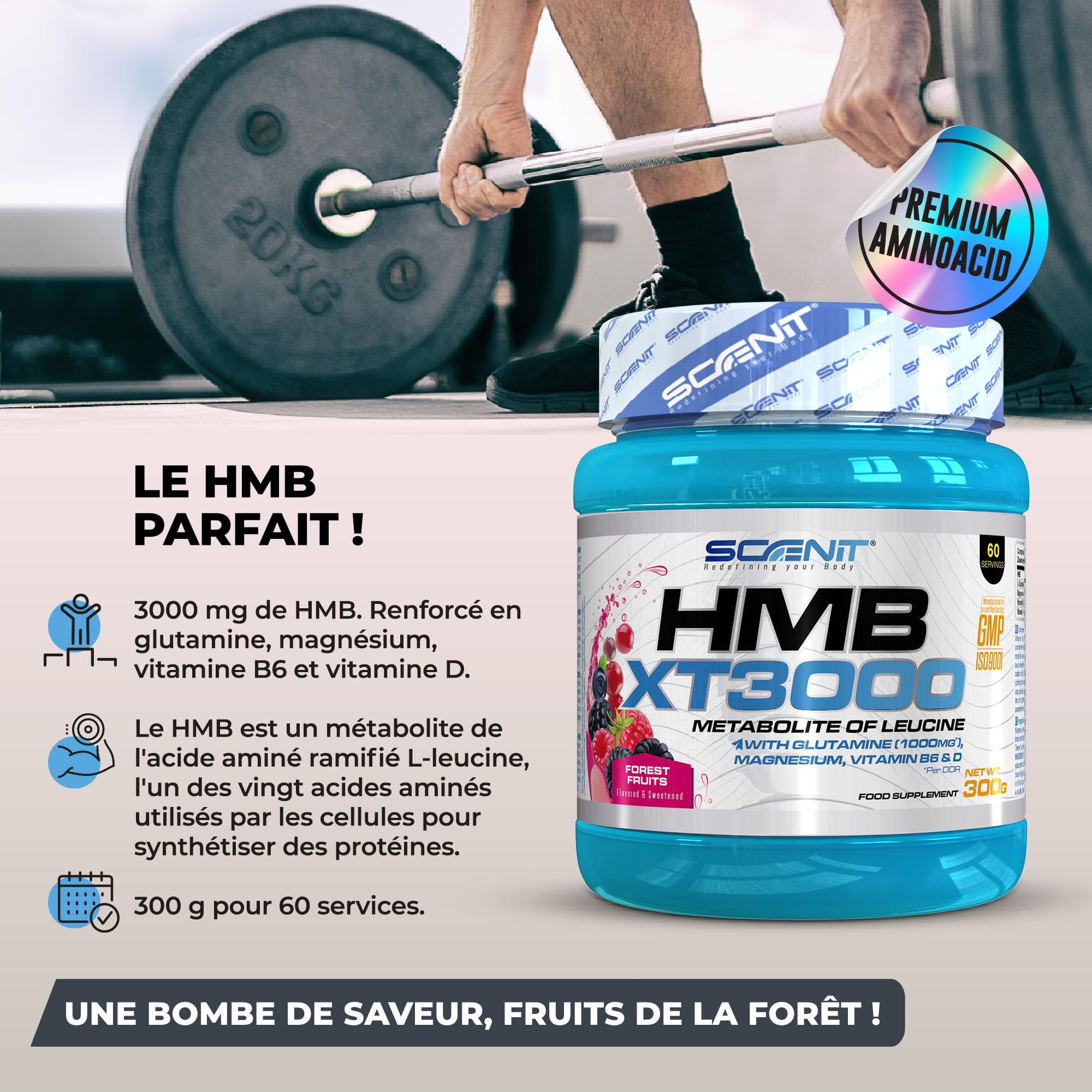HMB XT 3000-3000 mg de HMB poudre avec saveur - Avec Glutamine, Magnésium, Vitamine B6 et Vitamine D - Saveur fruits des bois (300 g, 60 portions)