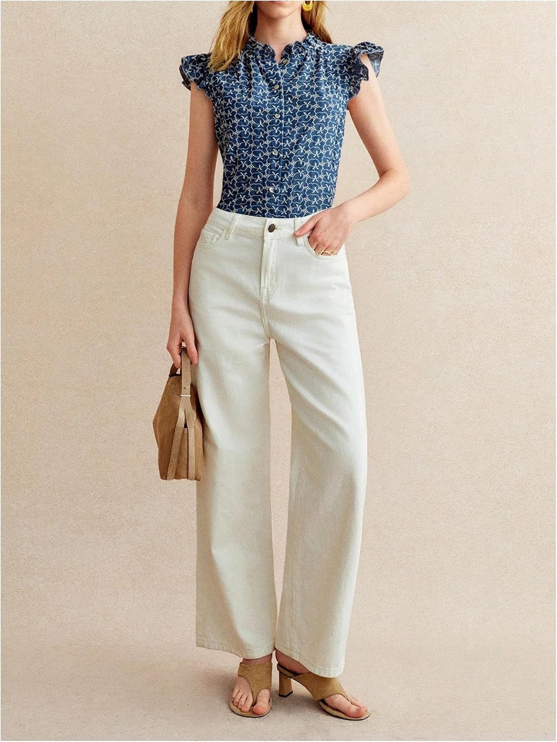 MakeMeChic Women's Button Down Blouse Embroidery Cap Sleeve Peplum Ruffle Trim Tops - Image 5