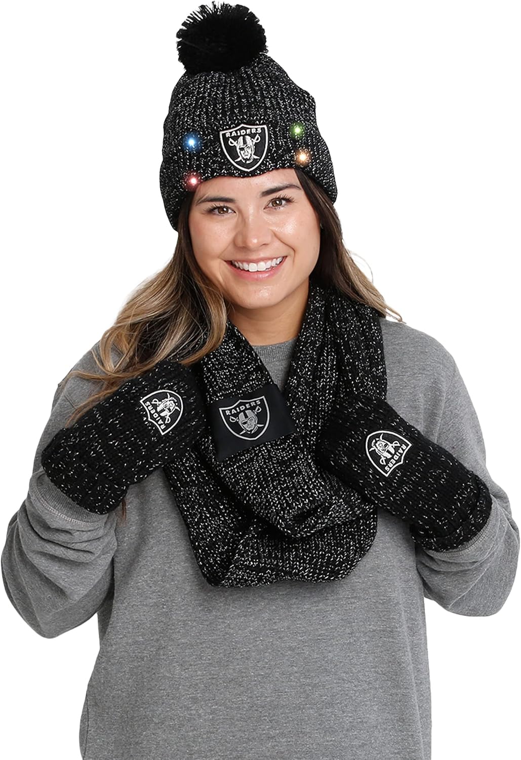 FOCO NFL womens Nfl Team Logo Ladies Glitter Knit Cold Weather Set - Gloves Scarf Beanie