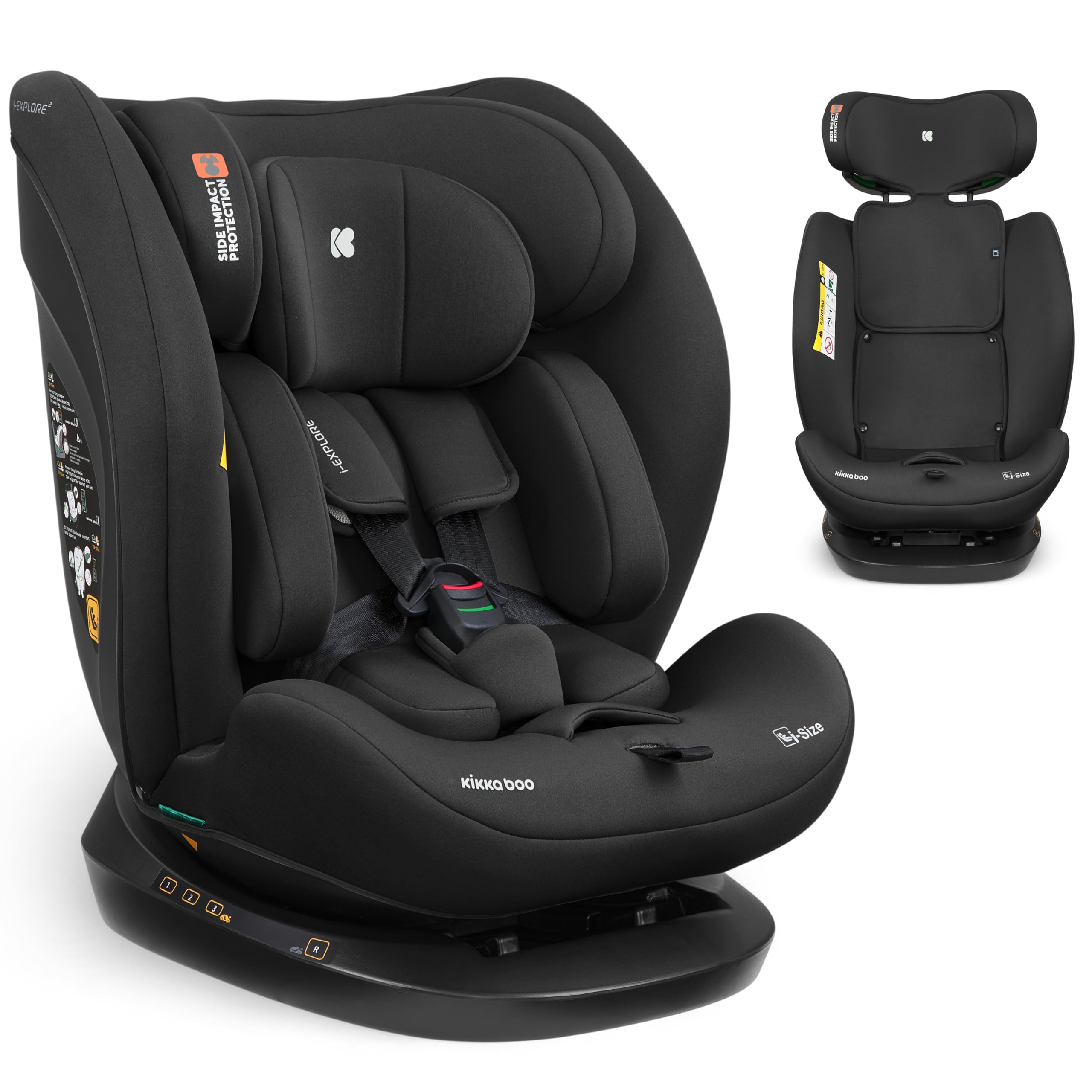 KikkaBoo Kindersitz 9-36 kg i-EXPLORE 2, 40-150 cm, Gruppe 0 1 2 3, i-Size, Rückwärts & Vorwärts, Liegesitz, 14-fach Kopfstütze, 5-Punkt-Gurt, Schwarz