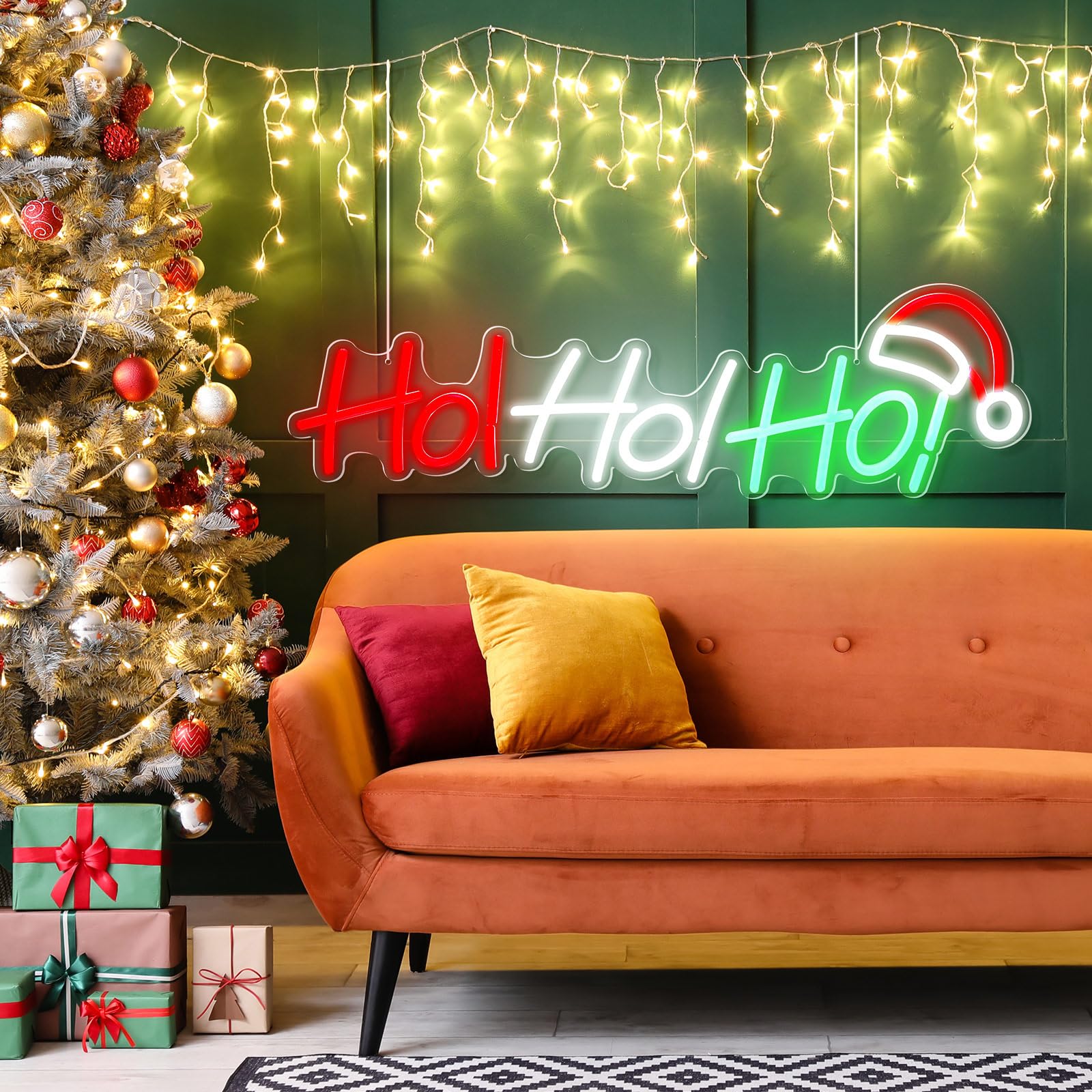 Glooglitter Hoho - Insegna al neon natalizia grande, con luce a LED, con scritta "Merry Christmas", per finestre, decorazioni natalizie per feste di Natale, camera da letto