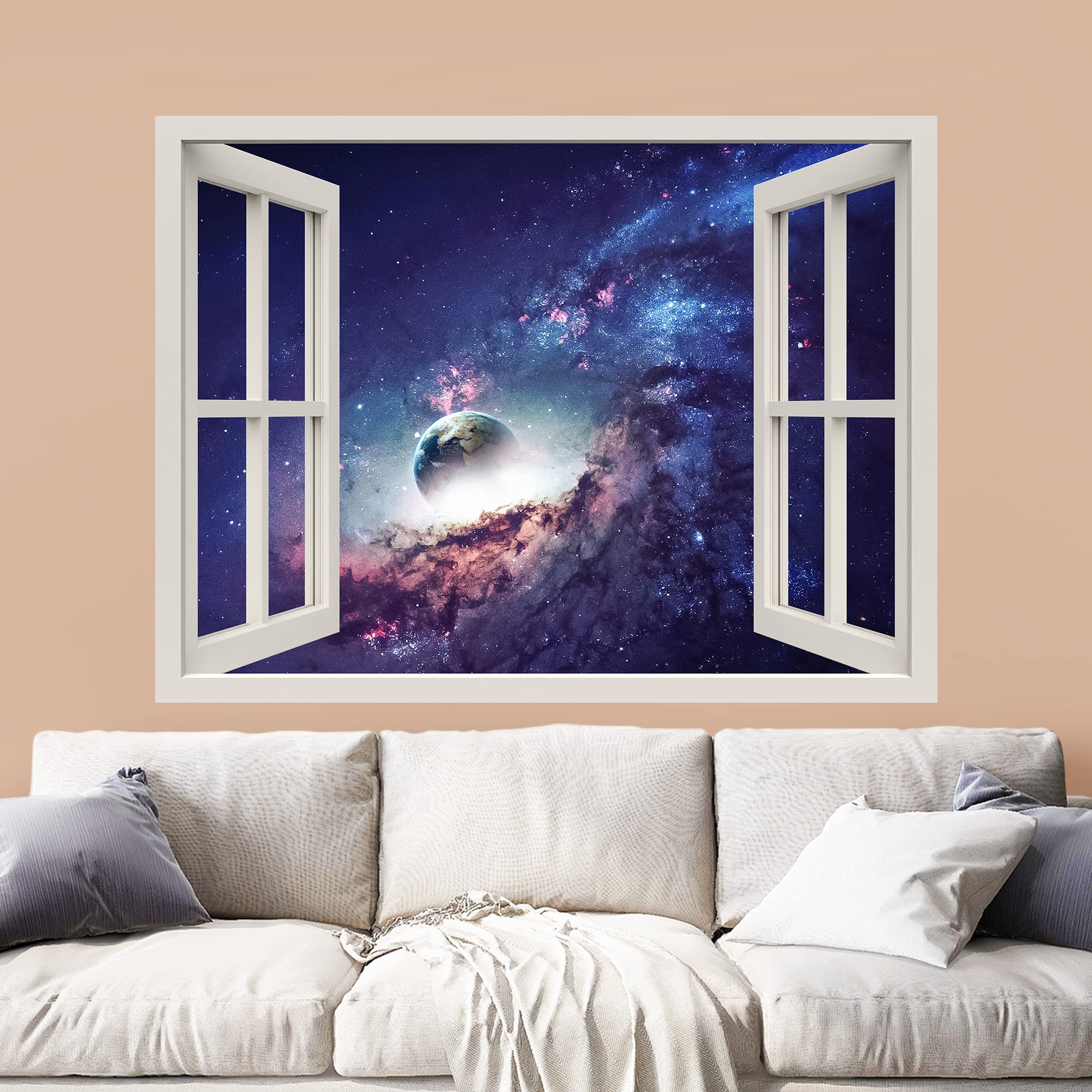- wall26 Removable Wall Sticker/Wall Mural Fantasy Sci-Fi Purple Blue Nebula Planets Astronomy & Space Nature Digital Art Realism Rustic Landscape Colorful for Living Room, Bedroom, Office - 24"x32"