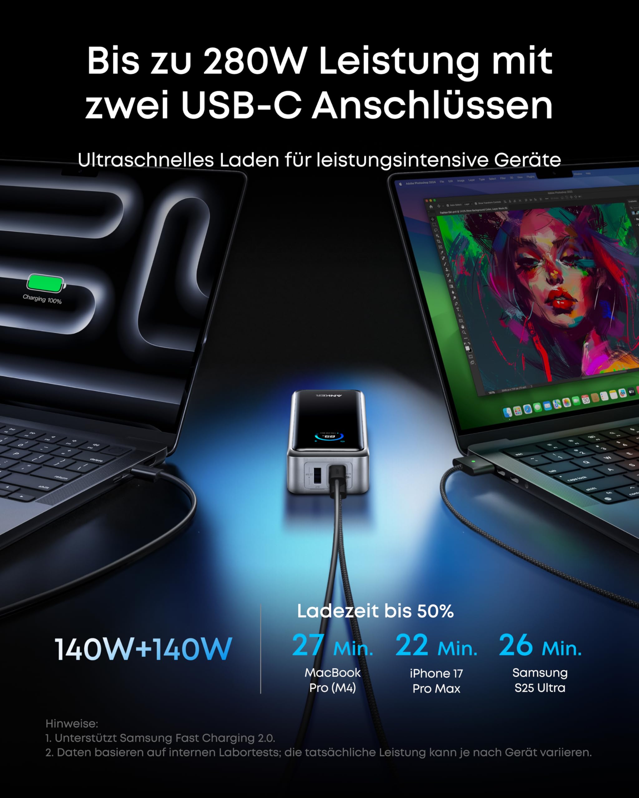 Anker Prime Powerbank 26250mAh, 300W max, bidirektionales Laden, 250W Dual-Input & 140W Single-Port, TSA-zugelassen, App-Steuerung, Display, kompatibel mit MacBook Pro & iPhone 17/16 (ohne Ladebasis)