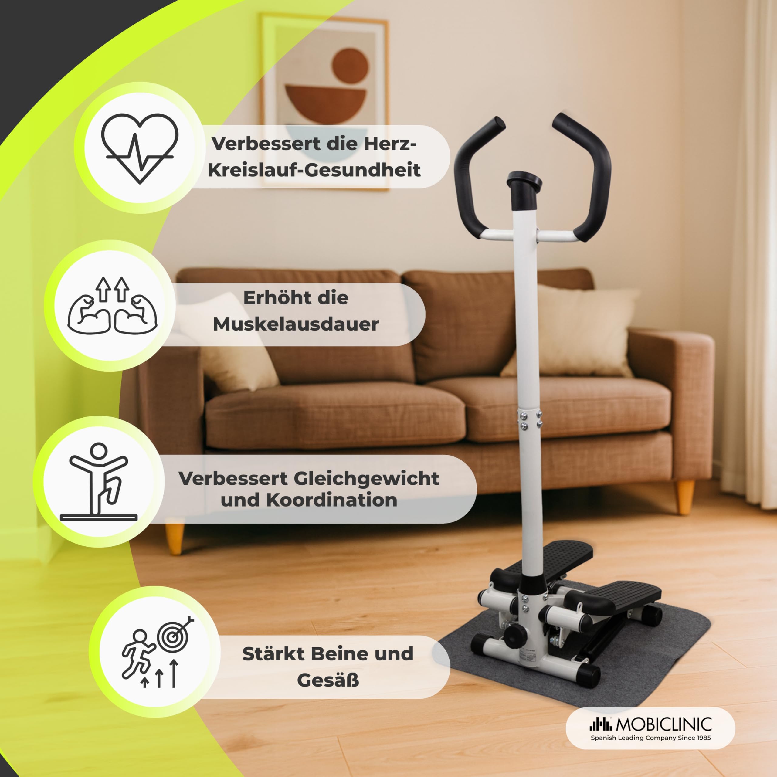 Mobiclinic®, Stepper mit Lenker, Höhenverstellbar, LCD-Monitor, Einstellbare Intensität, rutschfeste Pedale, Step-by-Step-Maschine, Kompakt, Heimtraining, Step-Pro