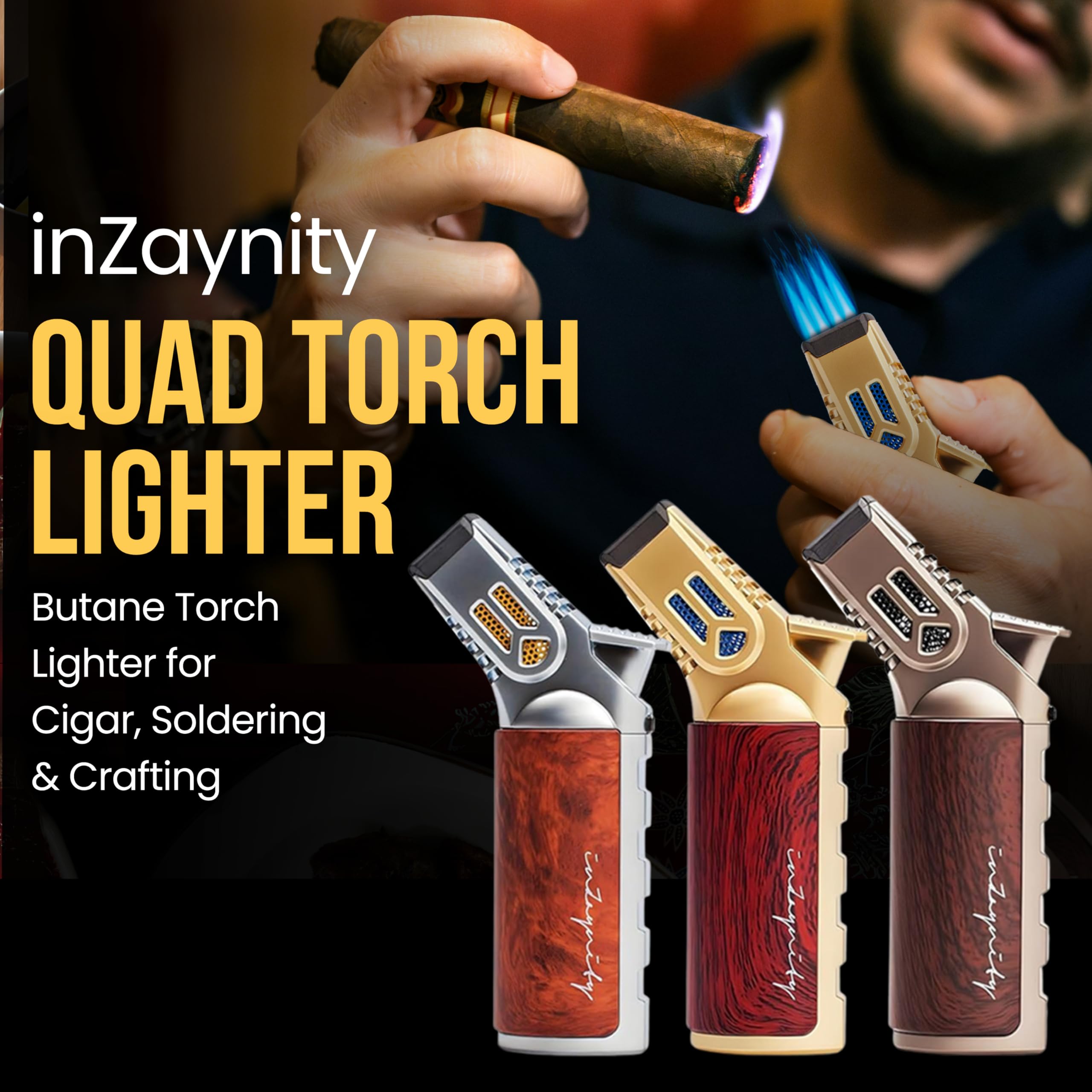 inZaynity Antorcha cuádruple: antorcha de cocina para cocinar, hornear y soldar de precisión | Control de llama ajustable, bloqueo de seguridad y diseño compacto (marrón dorado) butano no incluido