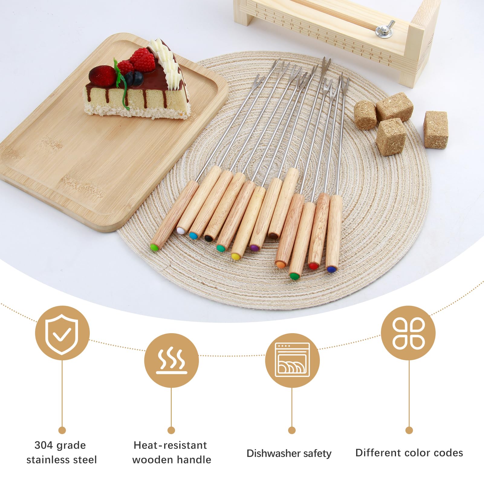 12PCS Fourchettes à Fondue en Acier Inoxydable, Poignées en Bois, pour Fondue au Chocolat, au Fromage, et Barbecues, Couverts Multicolores pour Réceptions et Camping
