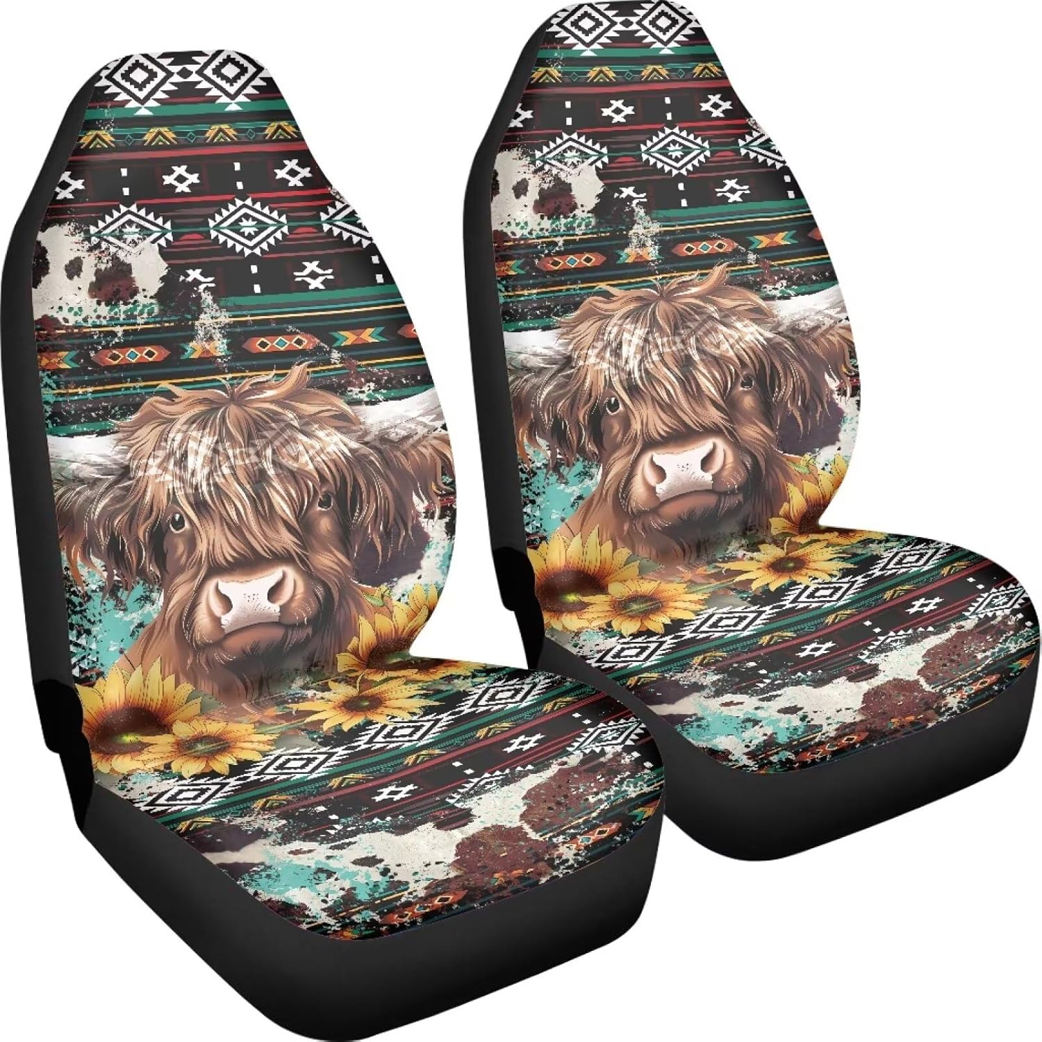 DISNIMO Navajo Cow Sunflower Car Seat Cover Front Seats Full Set of 2 Vehicle Seat Protector Fit Cars, Sedan, Truck, SUV, Van Automotive Seat Cover Accessories