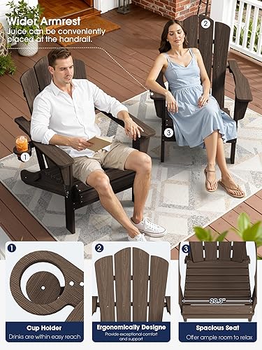 Miniatura 3 de Juego de sillas Adirondack plegables KINGYES de 2, Silla plegable Adirondack de HDPE para todo clima, Café